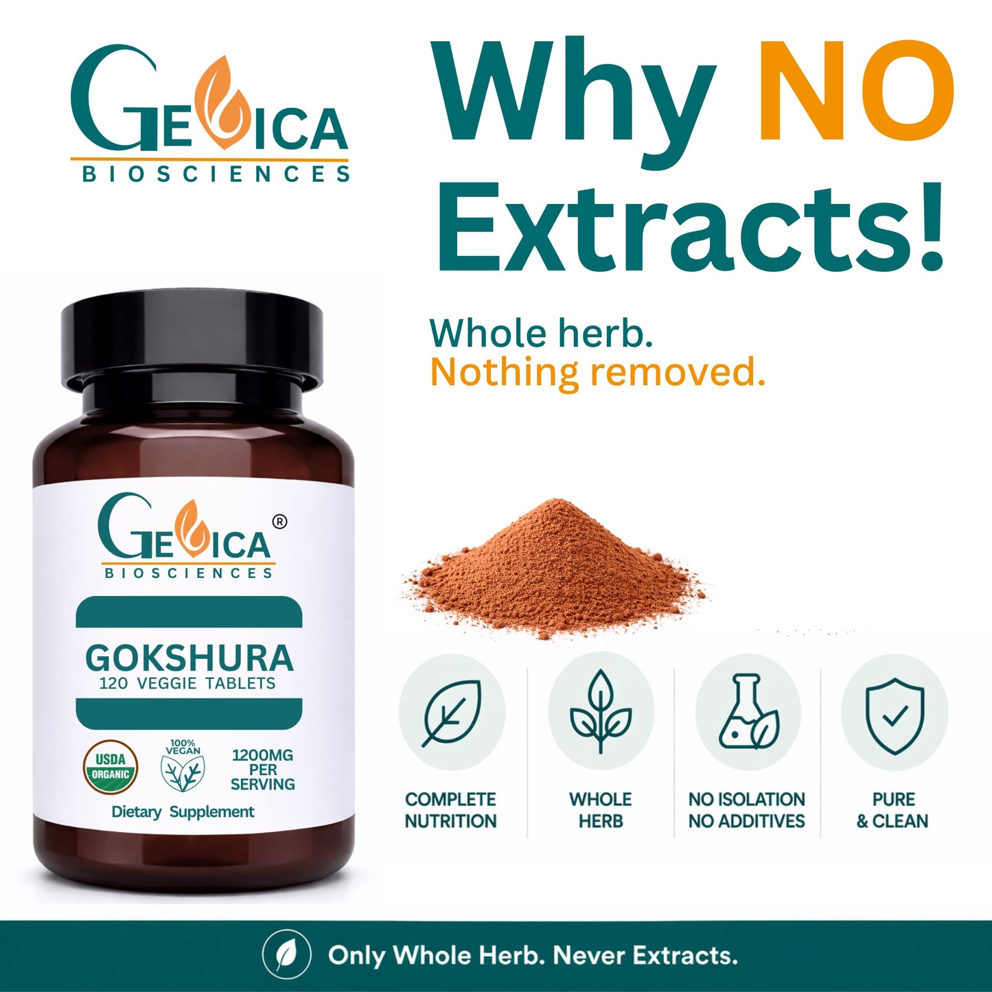 GeVica Biosciences Gokshura (Tribulus terrestris) Whole Herb Supplement Tablet, 120 Tablets