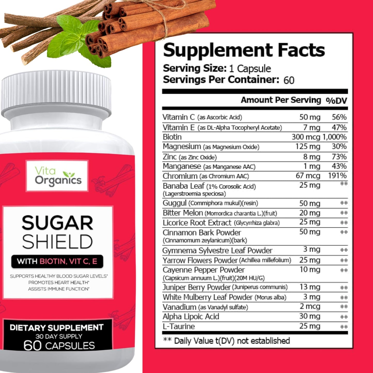 Vita Organics Sugar Shield - Advanced Sugar Support Supplement, 360 Veggie Capsules