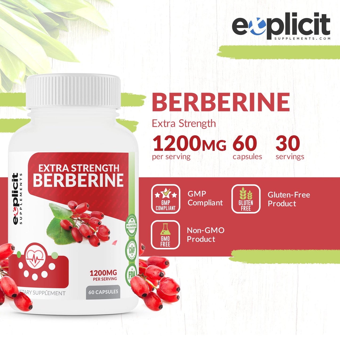 eXplicit Supplements Berberine HCl 1200mg Max Strength, 60 Capsules