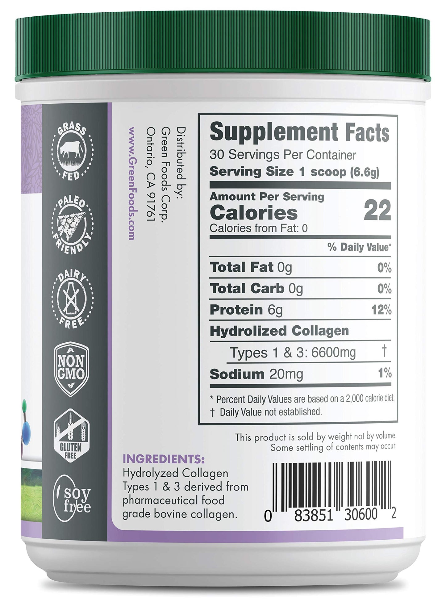 Green Foods Grass Fed Pasture Raised Hydrolyzed Collagen Peptides Protein Powder, 7 oz