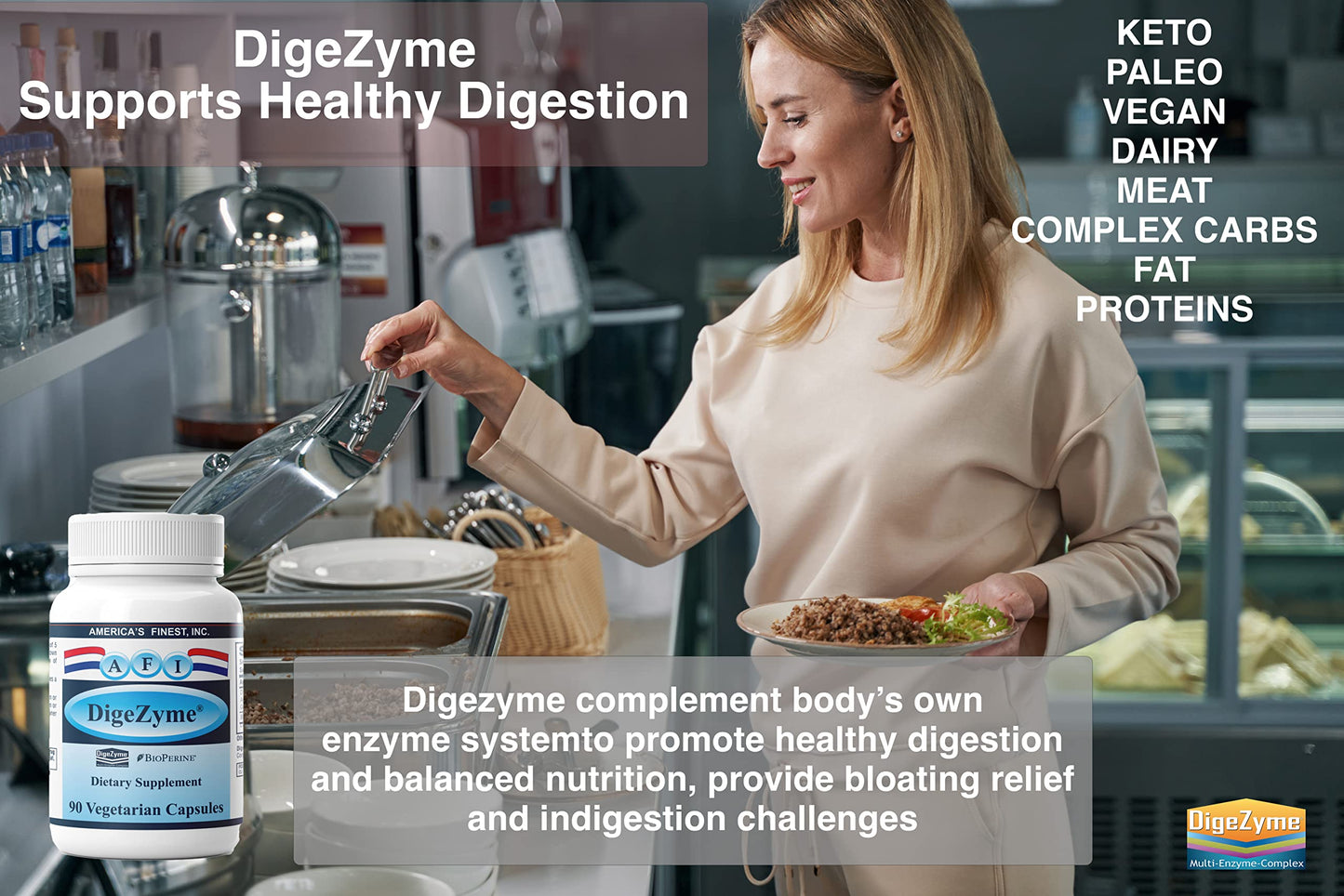 AFI America's Finest Inc DigeZyme Digestive Enzymes with BioPerine, 90 Capsules