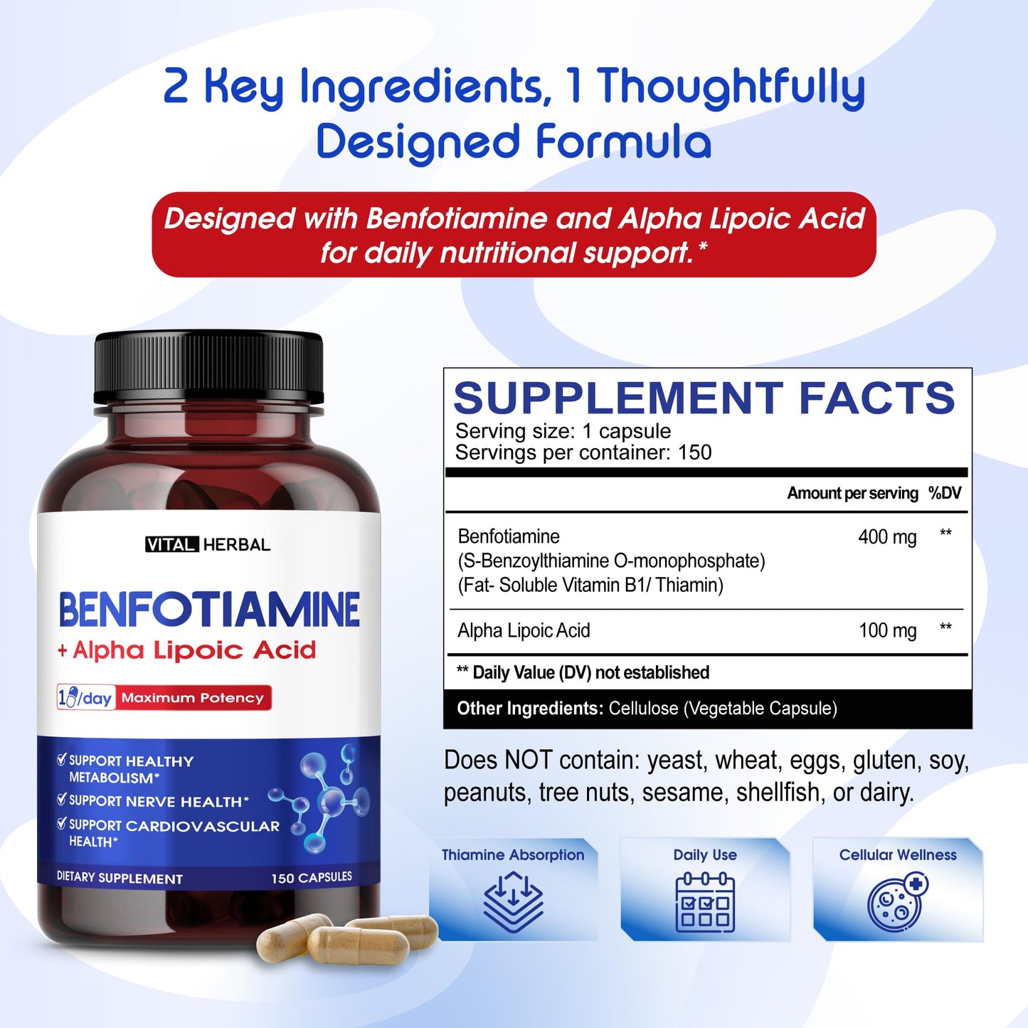VITAL HERBAL Benfotiamine Supplement with Alpha Lipoic Acid, 150 Capsules