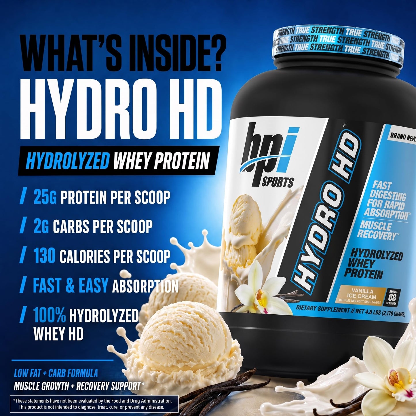 BPI Sports Hydro HD Muscle Growth Vanilla Protein Powder, 31 Servings