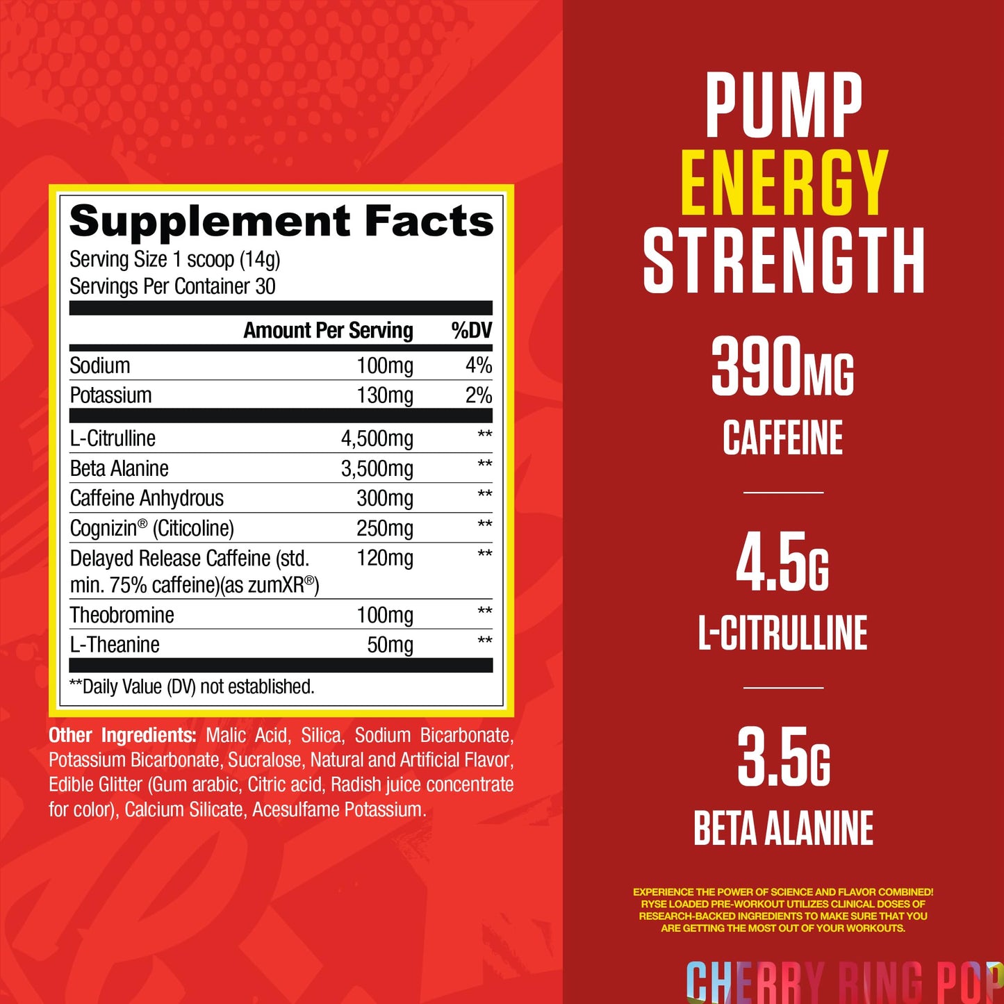 RYSE Up Supplements Loaded Pre Workout Powder Ring Pop Cherry 14.8 Ounce