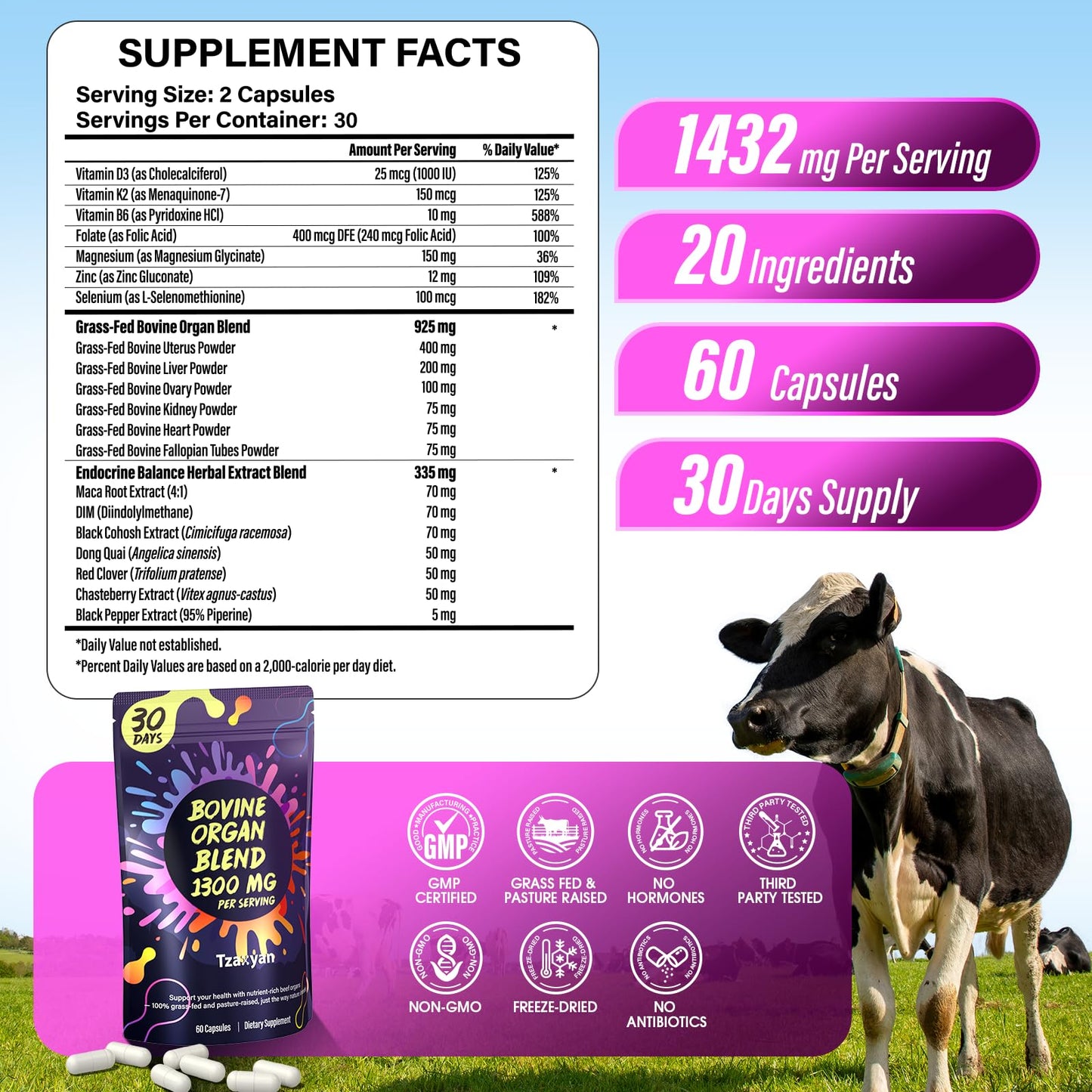 Tzaxyan Pure Beef Organ Supplement for Women 20-in-1 Grass Fed Beef Liver, Uterus, Ovary, Kidney, Heart & Fallopian Tubes with Maca, DIM, Black Cohosh Capsule 60 Count