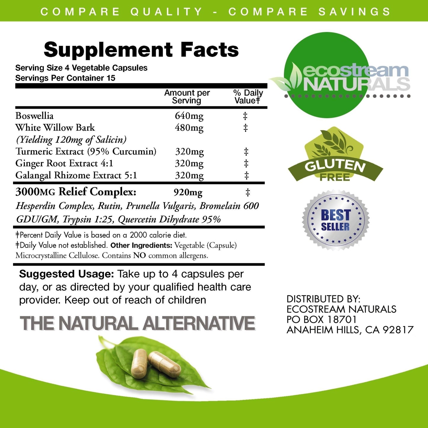 ecostream Naturals InflamEase with Turmeric, Curcumin, Enzymes and Boswellia Capsules, 180 Capsules