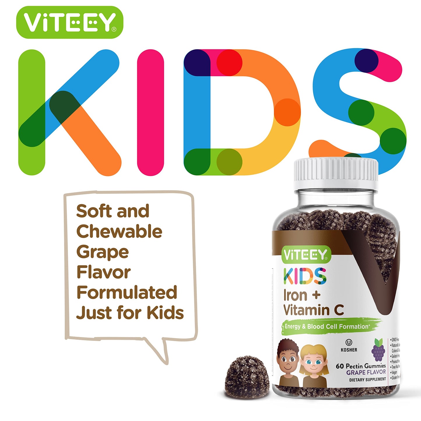Viteey Iron for Kids with Vitamin C - Tasty Chewable Grape Flavored Gummy, 120 Count