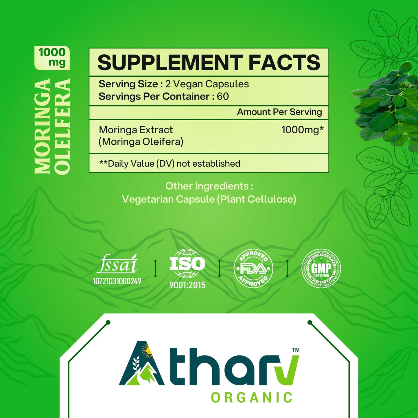 ATHARV ORGANIC Moringa Capsules 1000 mg, 120 Count