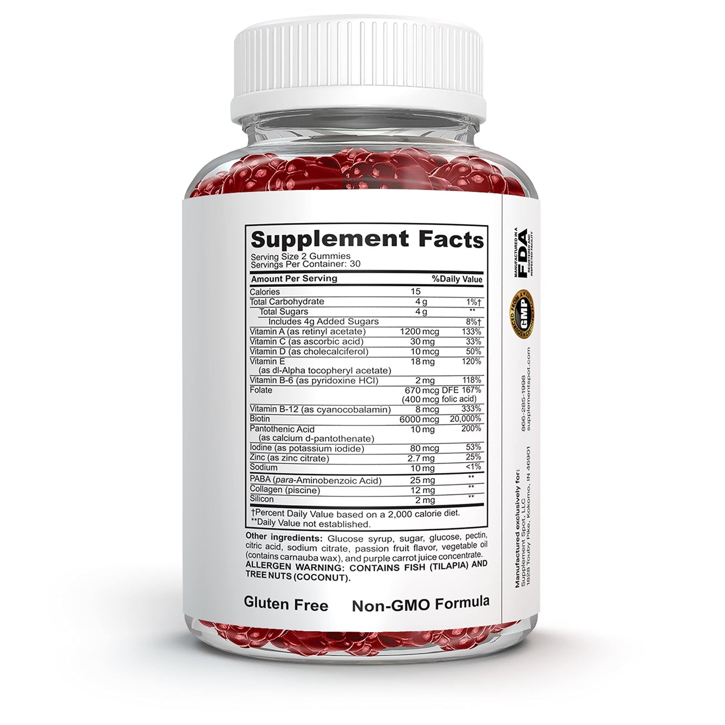 Supplement Spot Hair Skin and Nails Vitamins Biotin Gummies with Collagen, 6000 mcg Biotin, Passion Fruit Flavor, Gluten Free, 60 Gummies