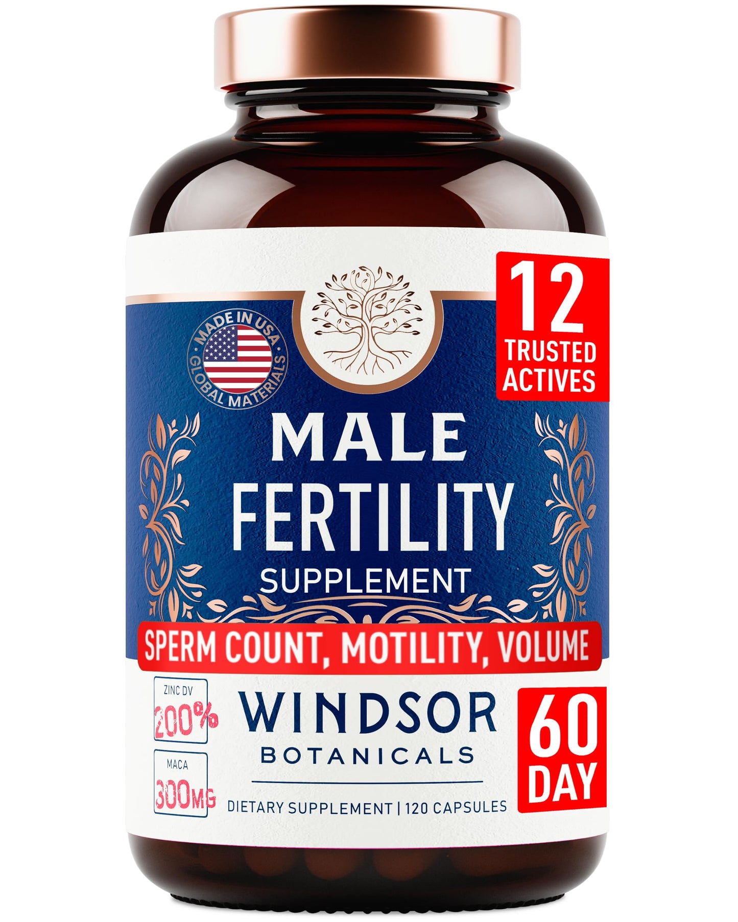 WINDSOR BOTANICALS Male Fertility Supplement with Maca Root 120 Capsules
