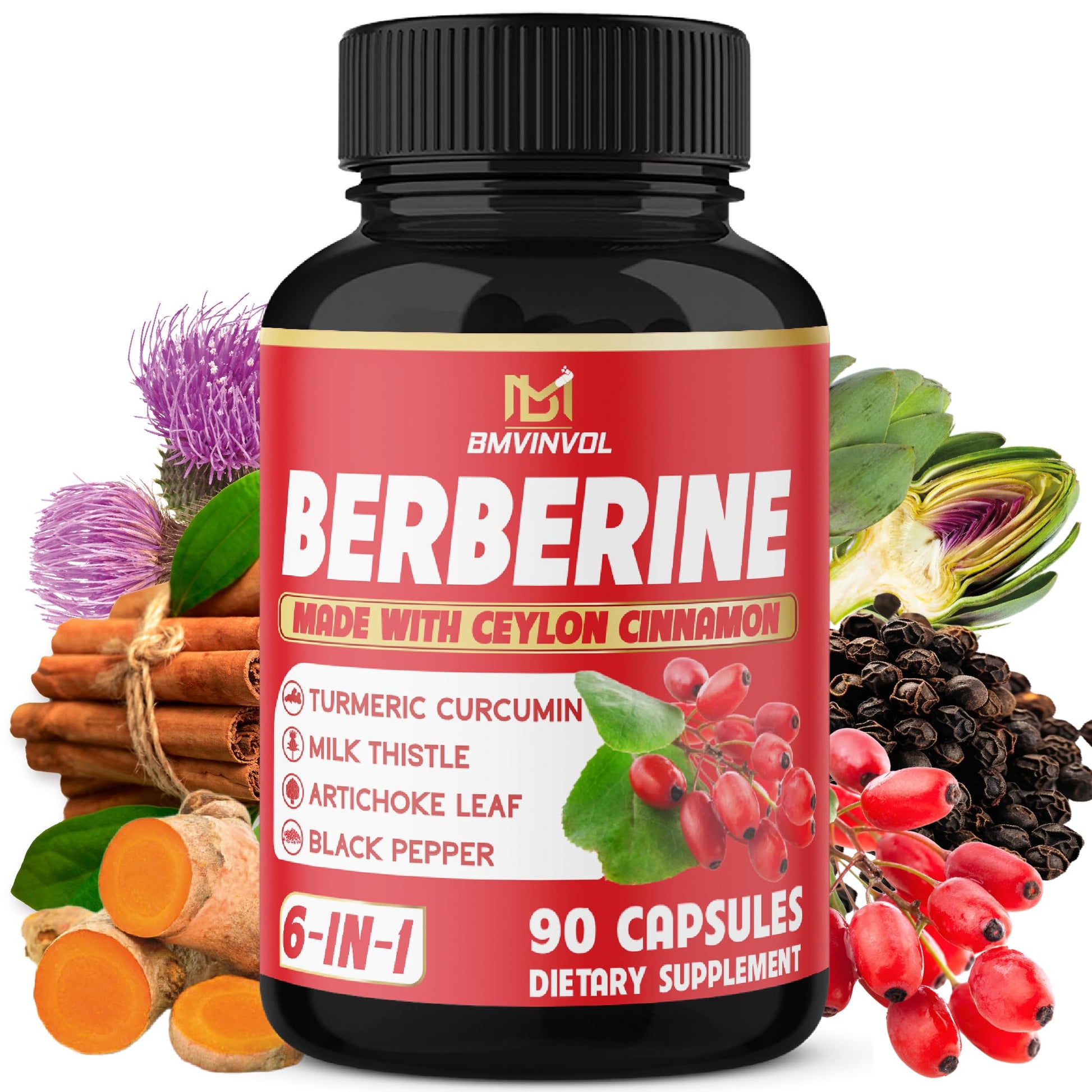 BMVINVOL Berberine, Ceylon Cinnamon, Turmeric, Milk Thistle, Artichoke, Black Pepper Capsules 90