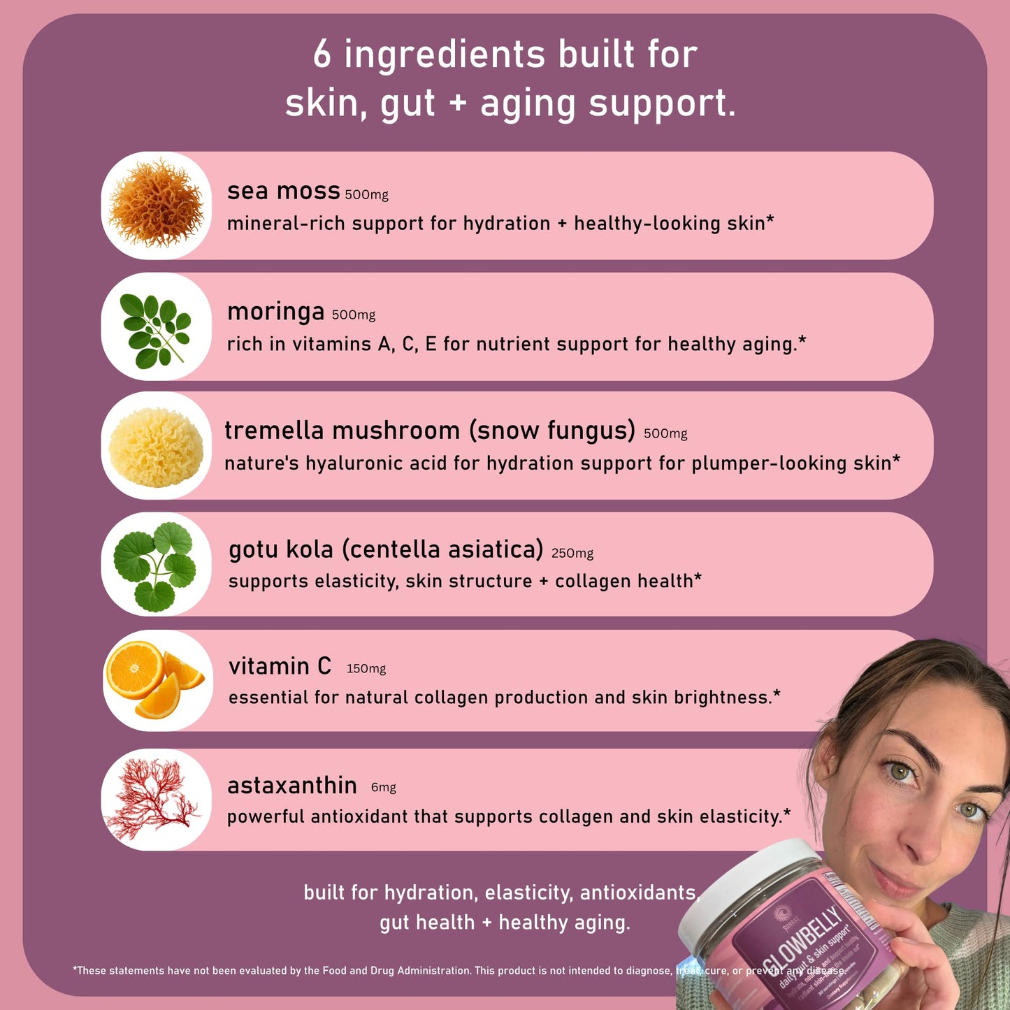Sunrae Wellness Glowbelly Beauty Supplement with Sea Moss, Astaxanthin, Moringa, & Vitamin C for Glowing Skin, Hydration, Healthy Aging & Gut Health Capsule, 90 Count