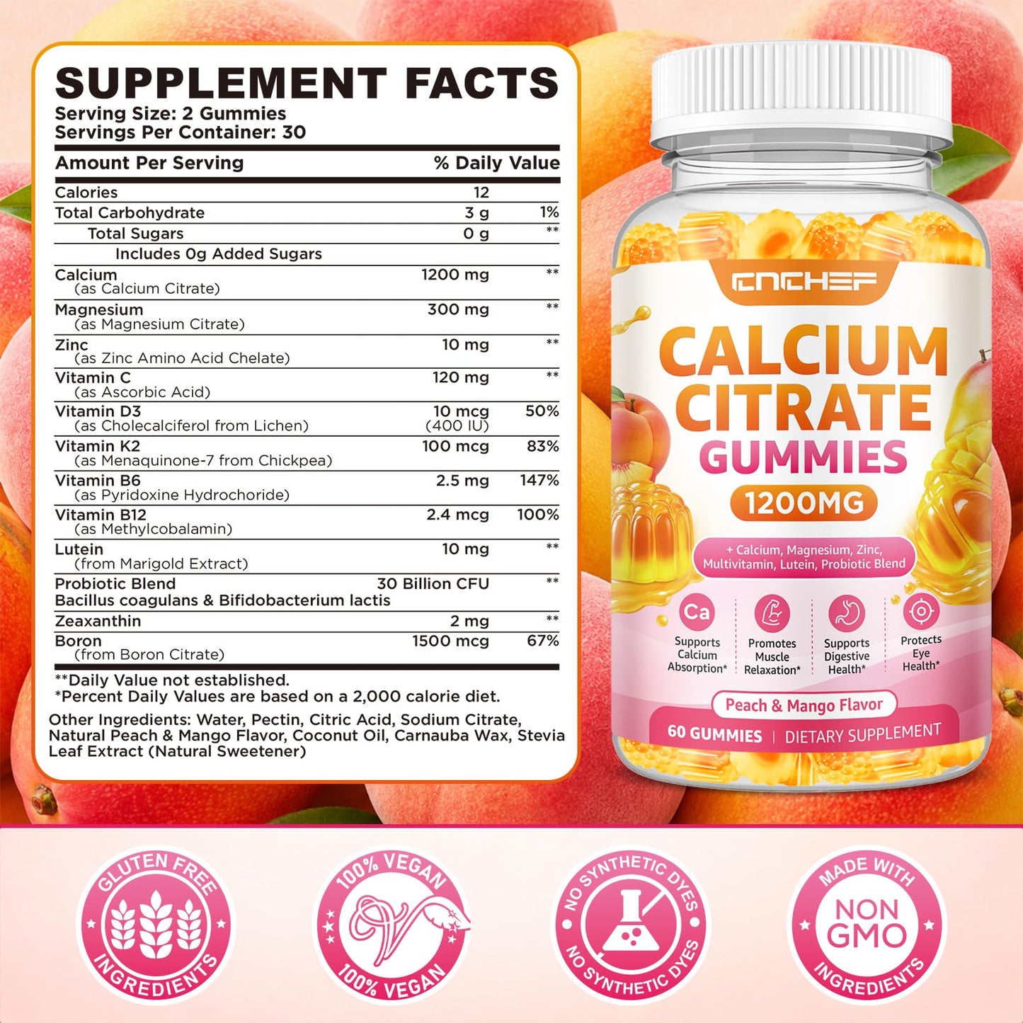 CNCHEF Calcium Gummies 1200mg, 60 Count