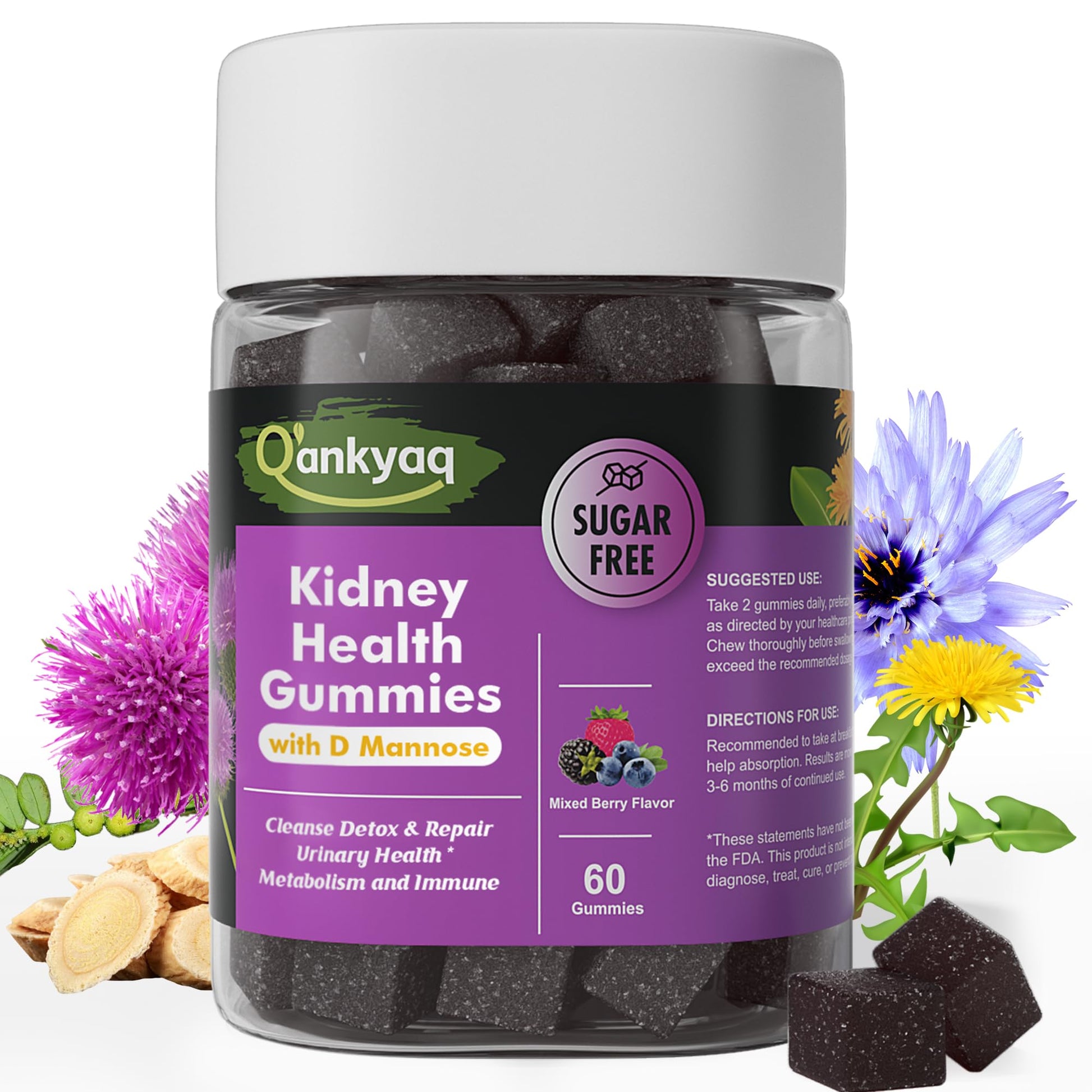 Q'ankyaq Kidney Cleanse Detox & Repair D-Mannose Gummies for Women, Urinary Health & Kidney Stone Support, 60 Gummies