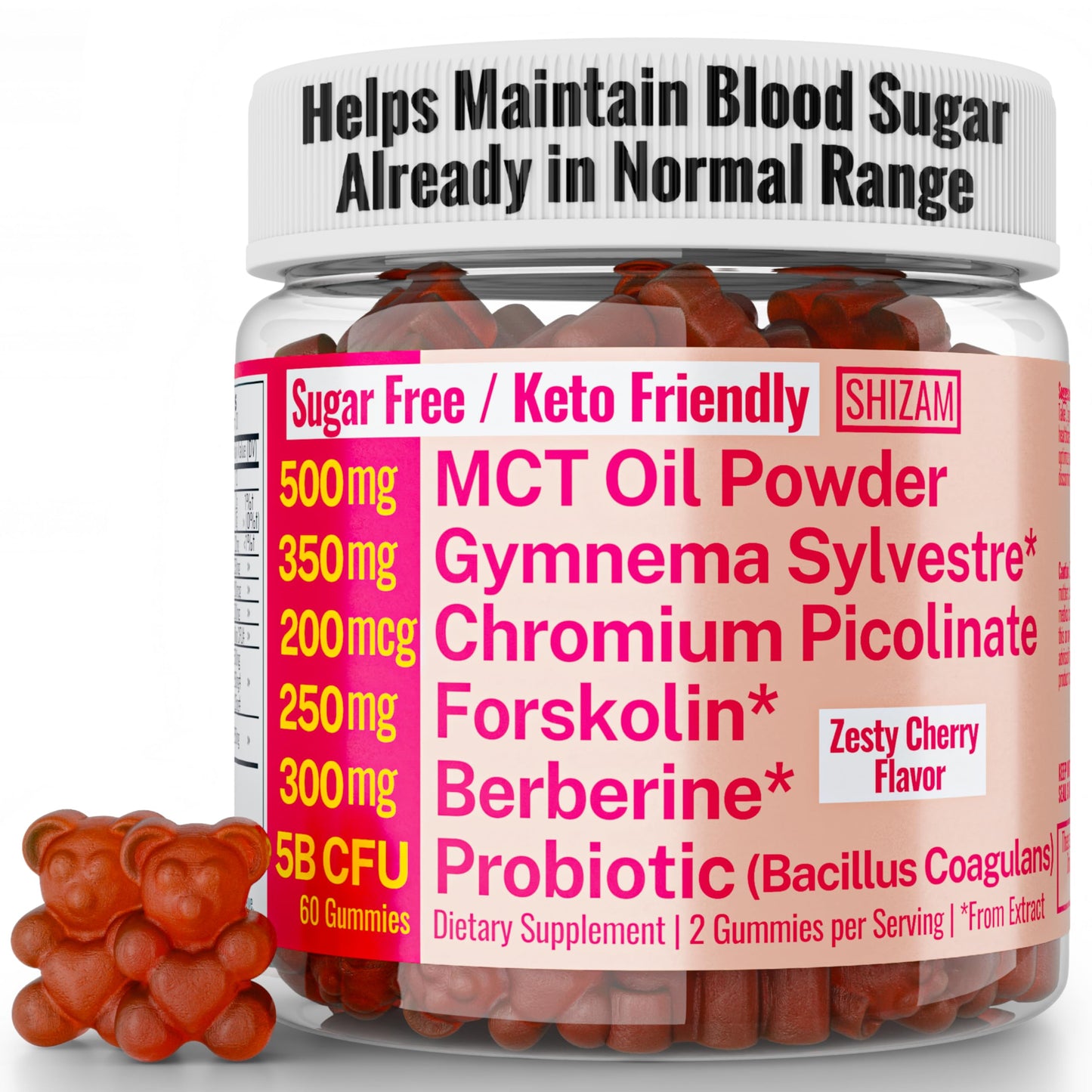 SHIZAM C8 C10 MCT Oil Gymnema Sylvestre Chromium Picolinate Probiotic Bacillus Coagulans Organic Berberine Extract Gummies 60 Count