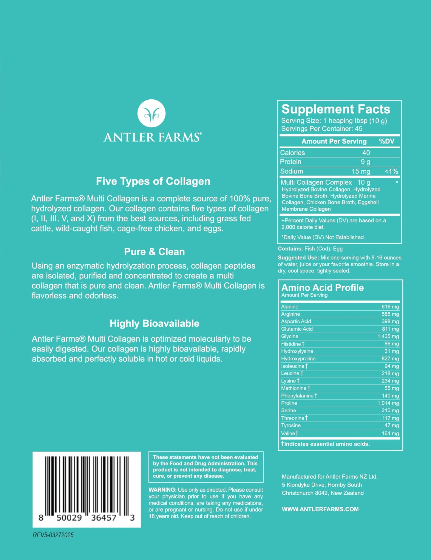 Antler Farms Multi Collagen Protein Powder (I, II, III, V, X) 100% Pure Hydrolyzed Collagen Peptides - Unflavored, 16 Servings