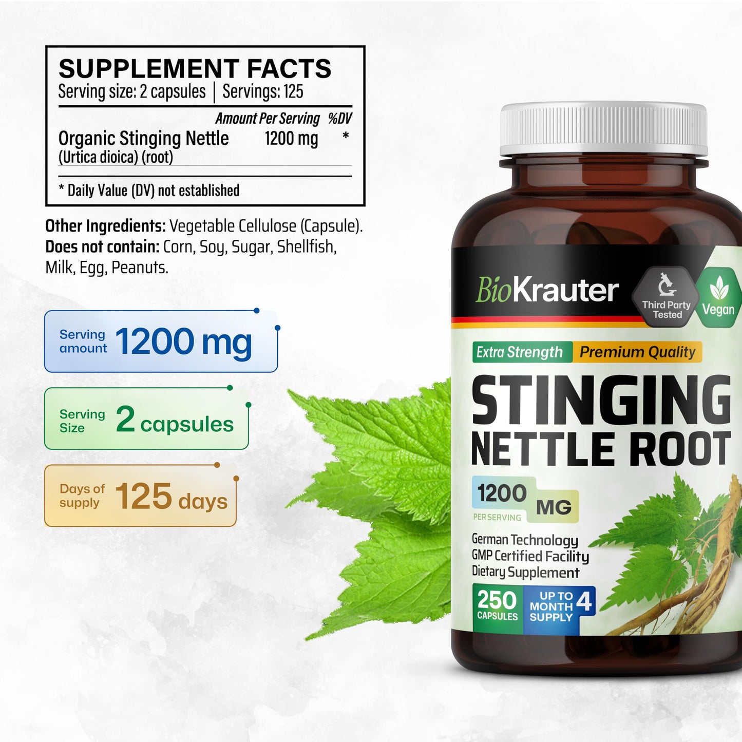BIO KRAUTER Stinging Nettle for Seasonal Support - Stinging Nettle Root Supplement (Urtica Dioica) 1200 mg for Urinary Tract Support & Daily Wellness 250 Capsules