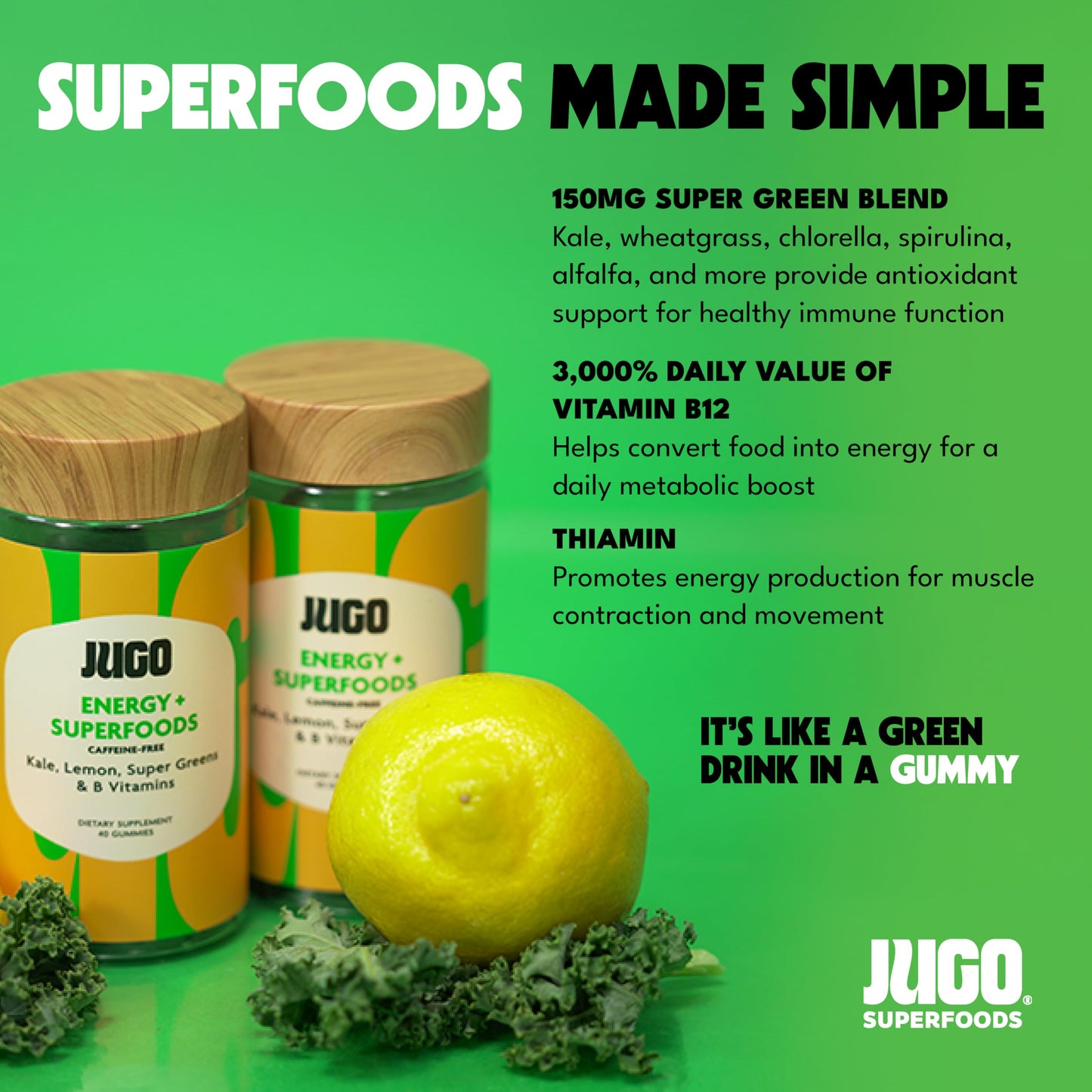 JUGO LLC Energy + SUPERFOODS Vitamin B12 Gummies with Kale & Super Greens, Caffeine-Free Pre-Workout Energy Gummies, 40 Count