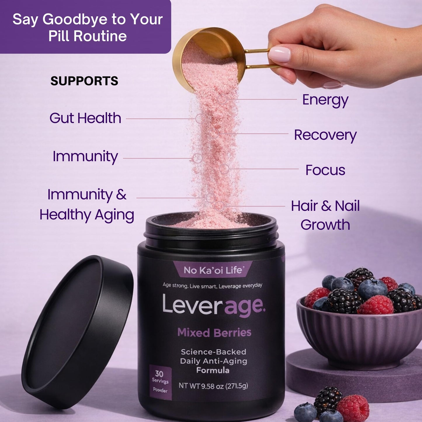 Leverage Mixed Berries Anti–Aging Supplement & Longevity Mix Daily Wellness Multivitamin Powder 9.58 Ounces