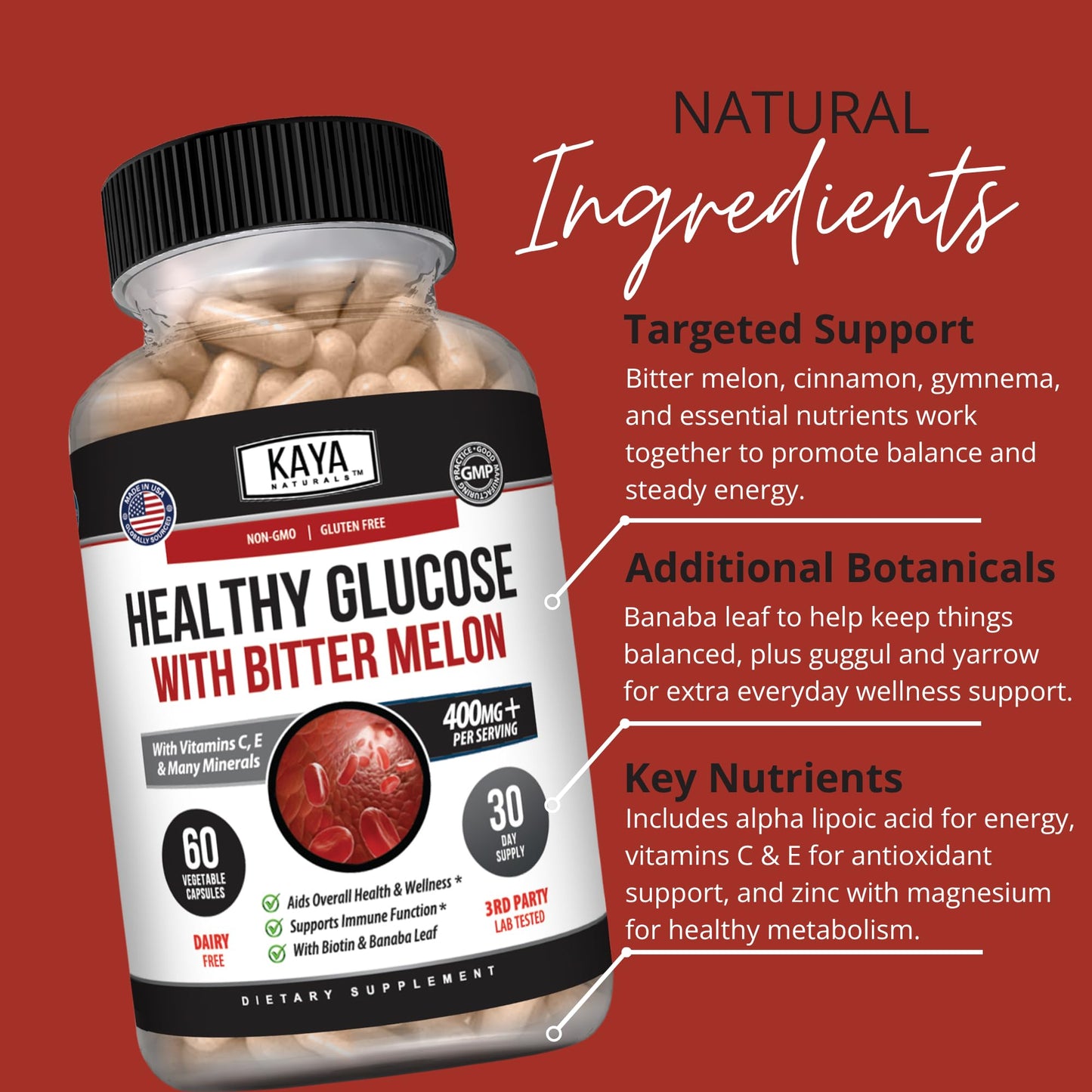 Kaya Naturals Healthy Gluco With Bittermelon Alpha Lipoic Acid Supplement, Capsule, 30 Count