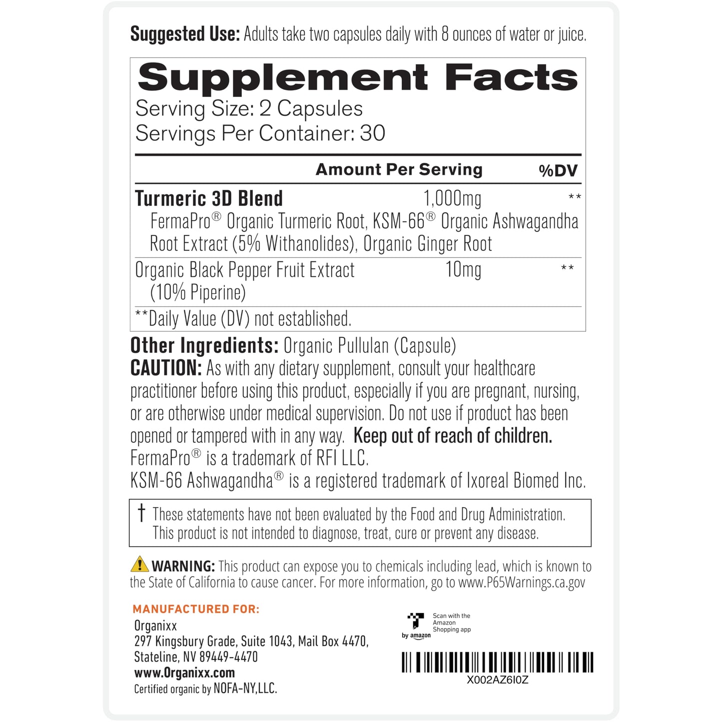 Organixx USDA Organic Turmeric Curcumin Supplement with Ashwagandha, Vitamin D, Turmeric & Ginger – Fermented for Maximum Bioavailability, Capsule, 90 Count