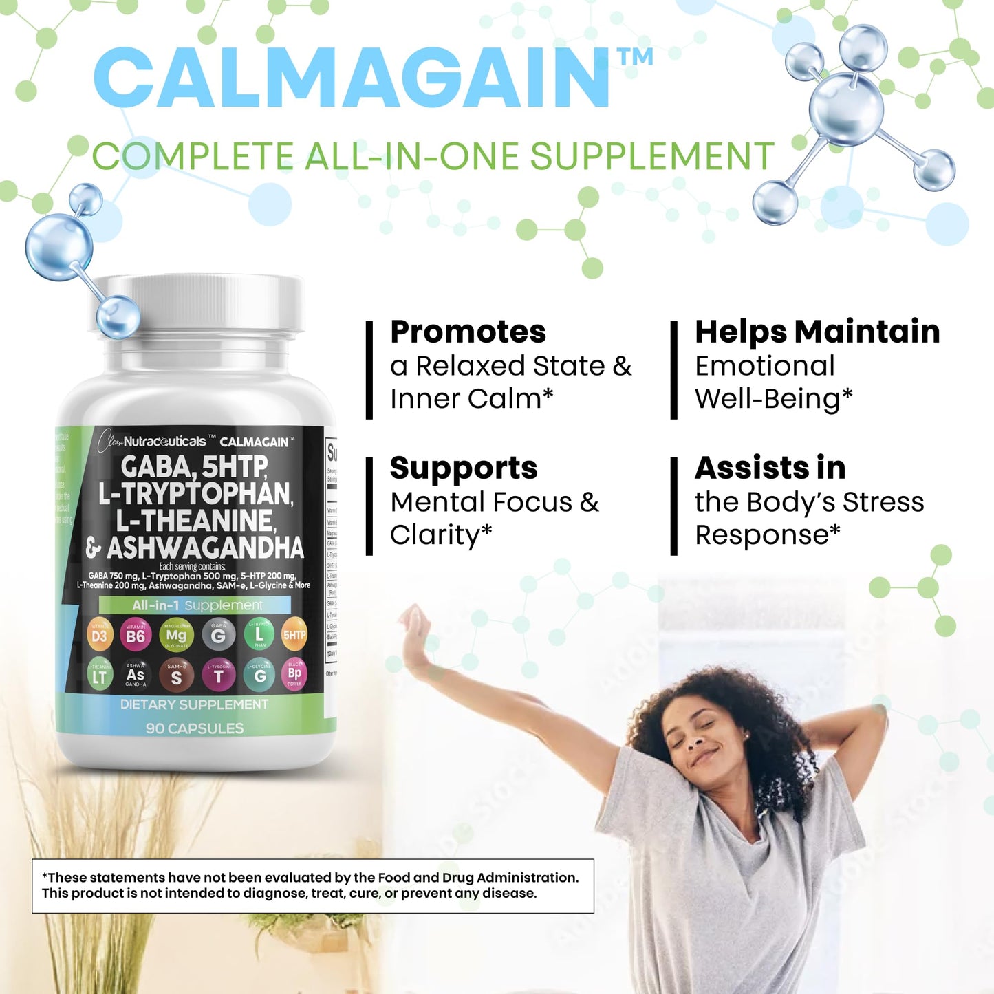 Clean Nutraceuticals GABA 750mg 5-HTP 200mg L-Tryptophan 500mg L-Theanine 200mg Ashwagandha SAM-e L-Glycine Mood Support Capsules, 90 Capsules