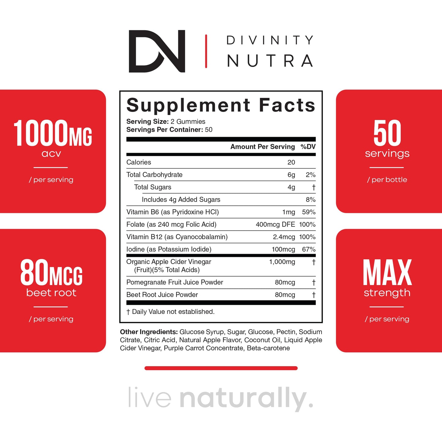 Divinity Nutra Apple Cider Vinegar Gummies with Mother, Detox & Weight Loss Support, with B12, B6, Pomegranate & Beet Root, 100 Gummies