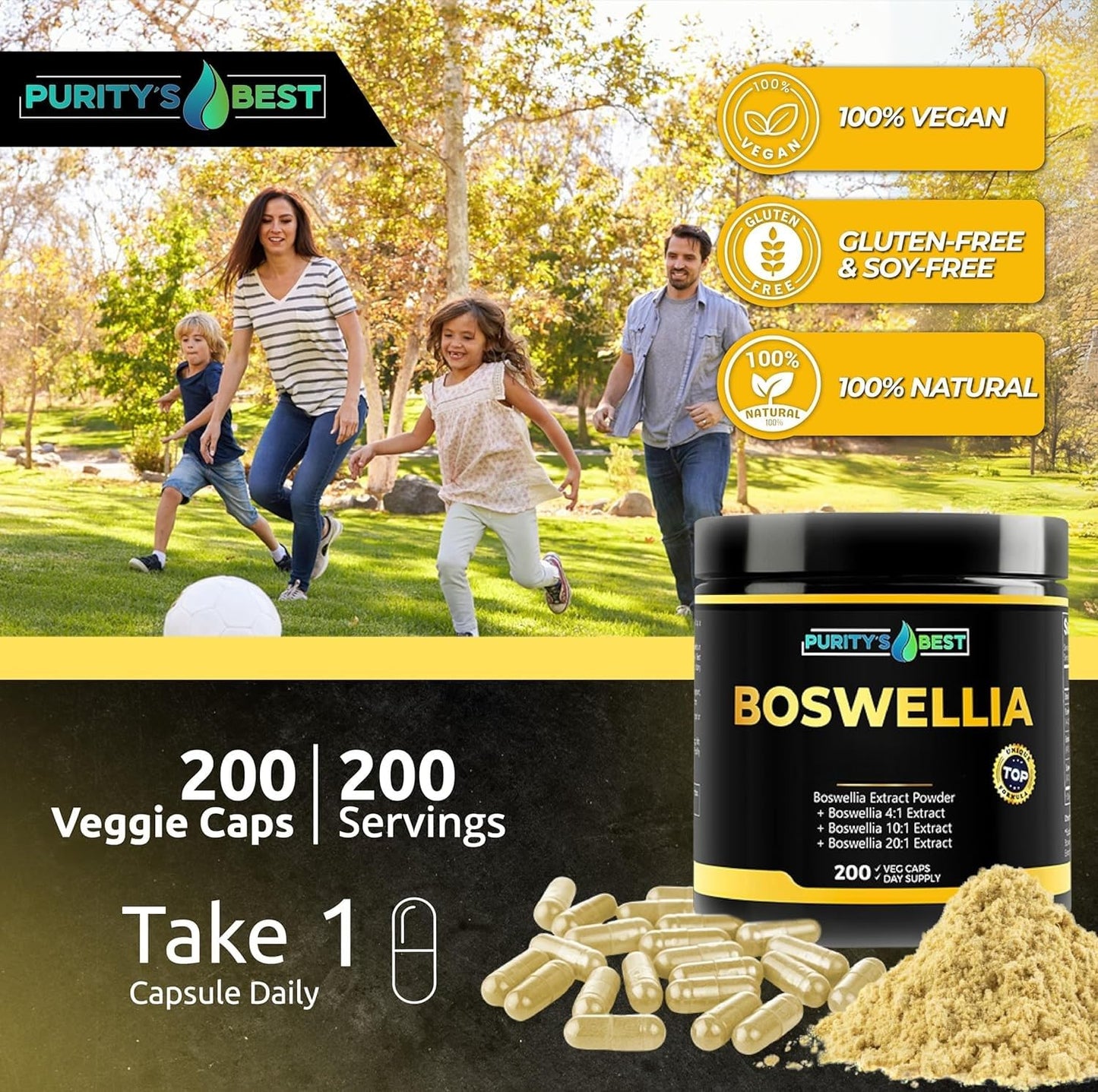 Purity`s Best Boswellia Serrata 4X + 10x + 20x Extract Immune Support and Muscle Relief Capsule, 200 Count