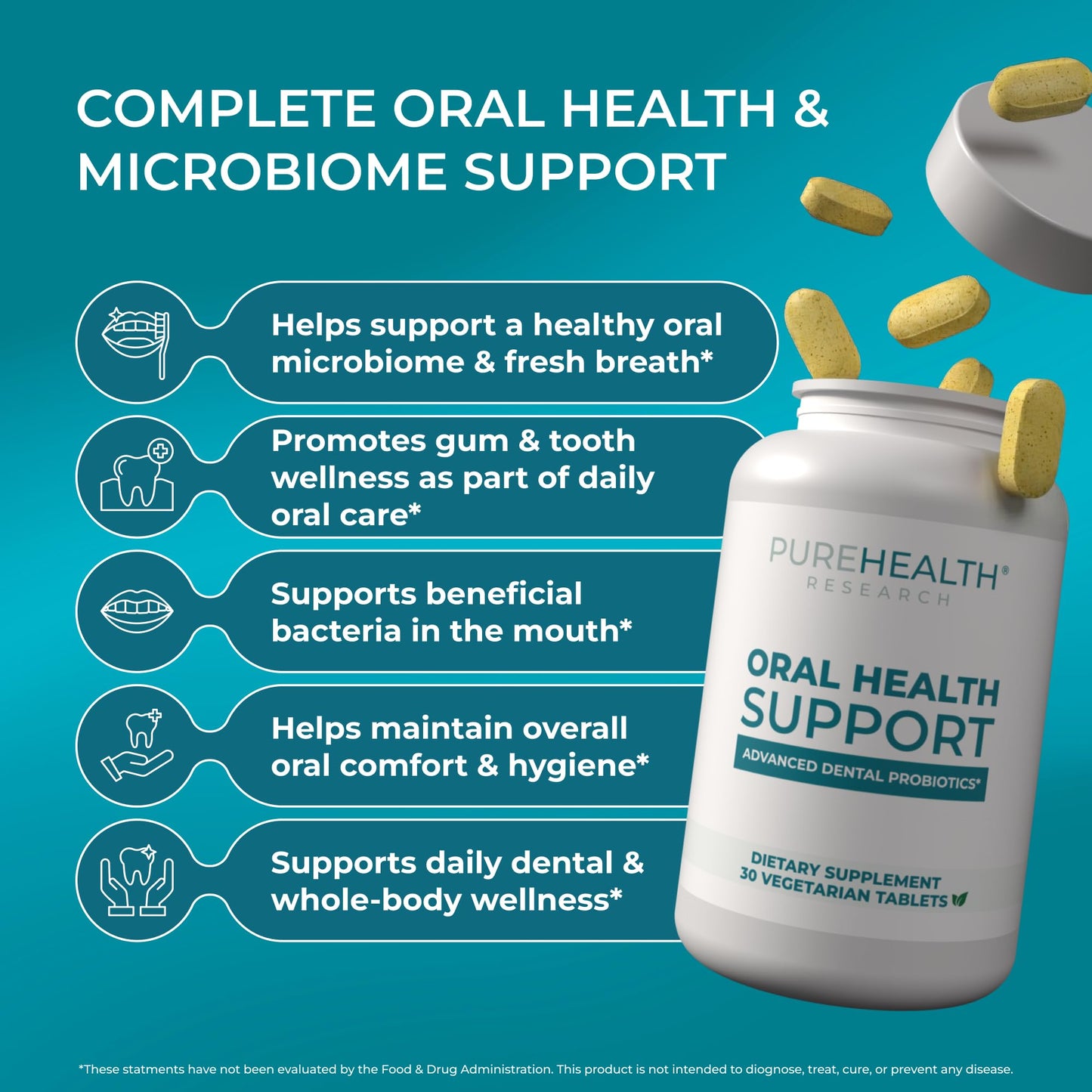 PUREHEALTH RESEARCH Oral Health Support Dental Probiotics Supplement Tablet, 30 Tablets