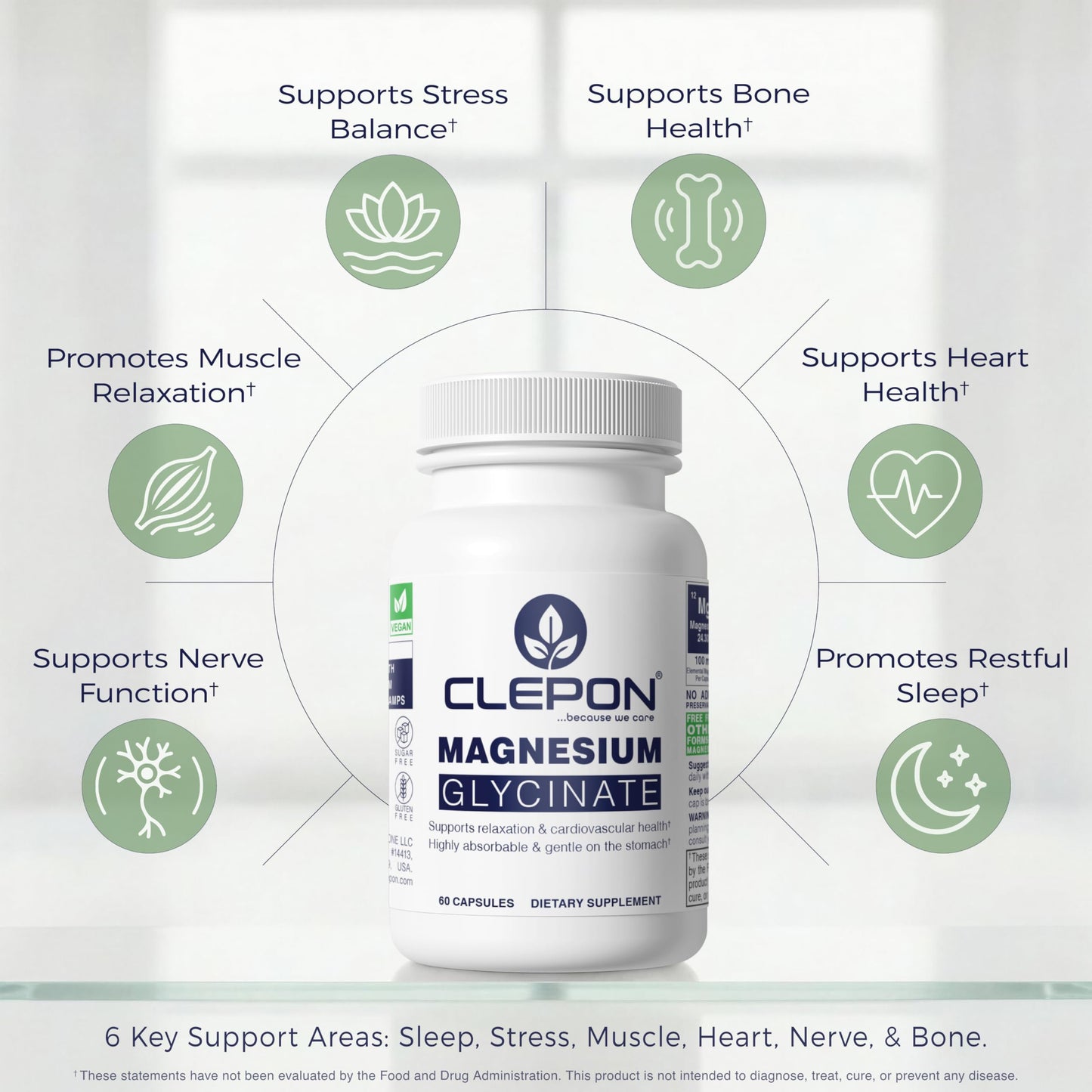CLEPON Magnesium Glycinate 100mg Elemental Magnesium per Capsule, 60 Capsules