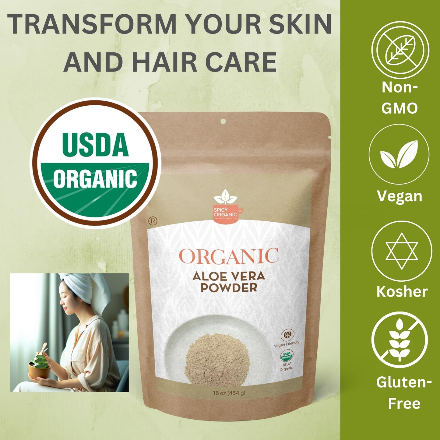 SPICY ORGANIC Aloe Vera Powder for Skin & Hair, Powder, 4 oz