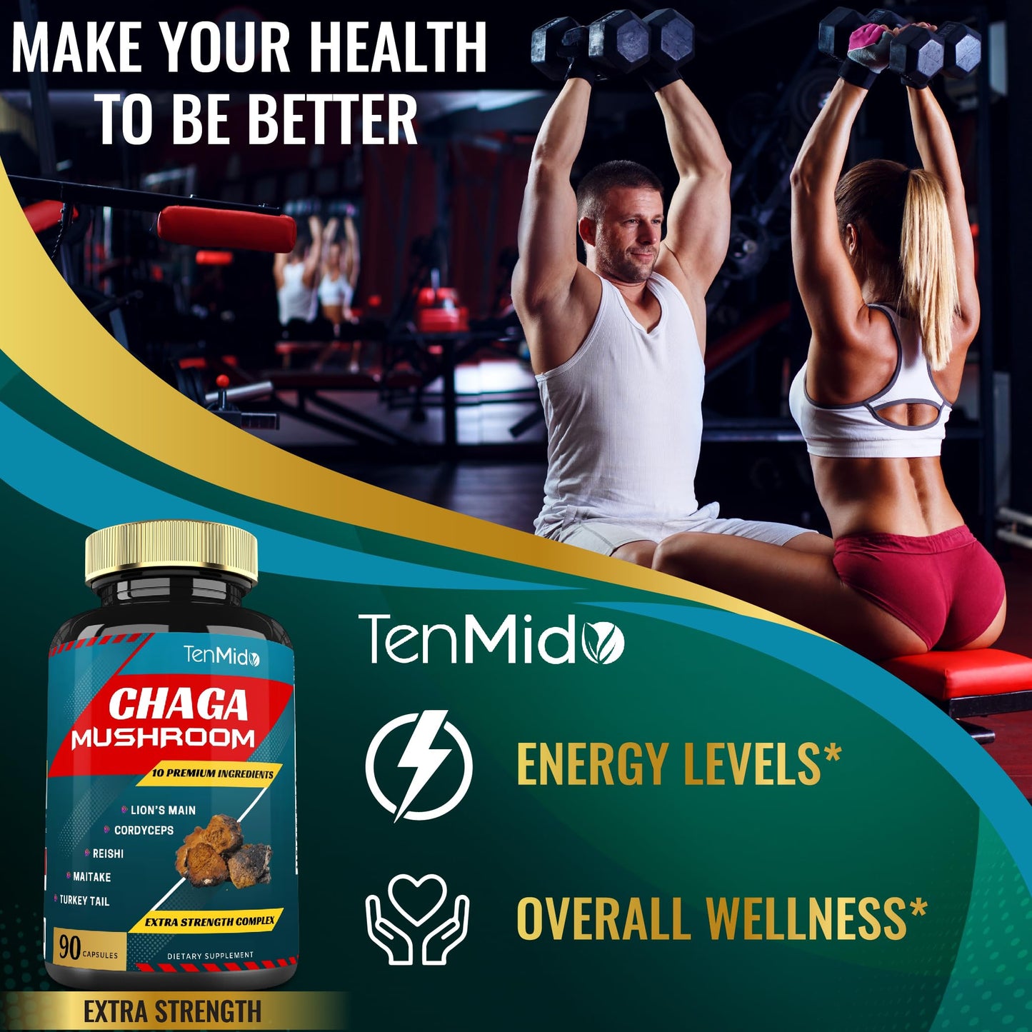 Tenmido Chaga Mushroom Extract Capsules with Lions Mane, Cordyceps and More, 90 Count