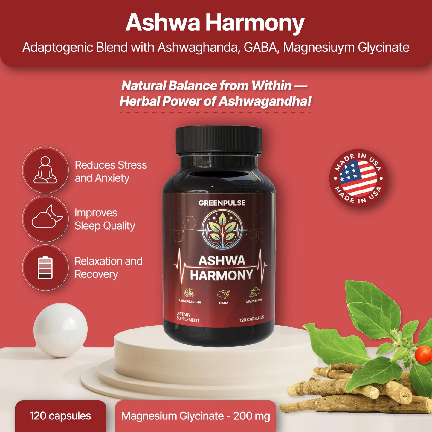 GREENPULSE Ashwa Harmony Adaptogenic Blend with Ashwagandha, GABA, Magnesium Glycinate, 120 Capsules