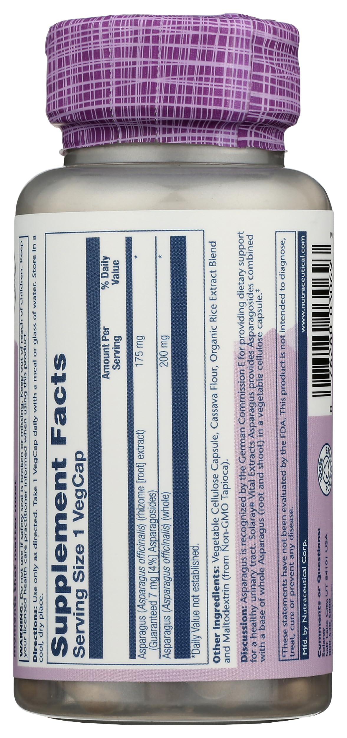 Solaray Asparagus 175 mg Supplement with Whole Root Capsules, 60 Count