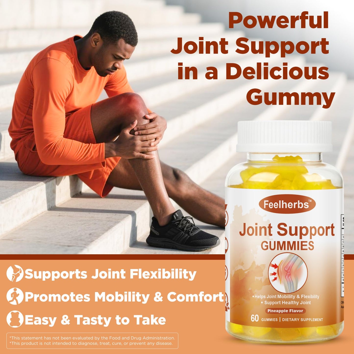 Feelherbs Natural Joint Support Gummies for Women & Men, Pineapple, Extra Strength, with Turmeric & Tart Cherry, Glucosamine-Free, 60 Count