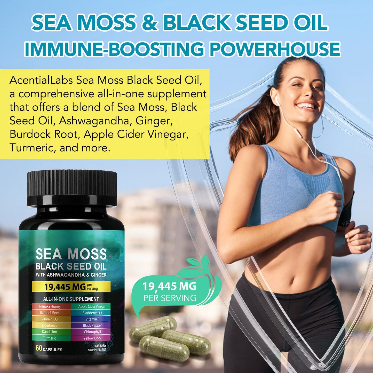 AIQIUSHA Sea Moss Black Seed Oil with Ashwagandha Ginger Turmeric Burdock Root Bladderwrack 60 Capsules