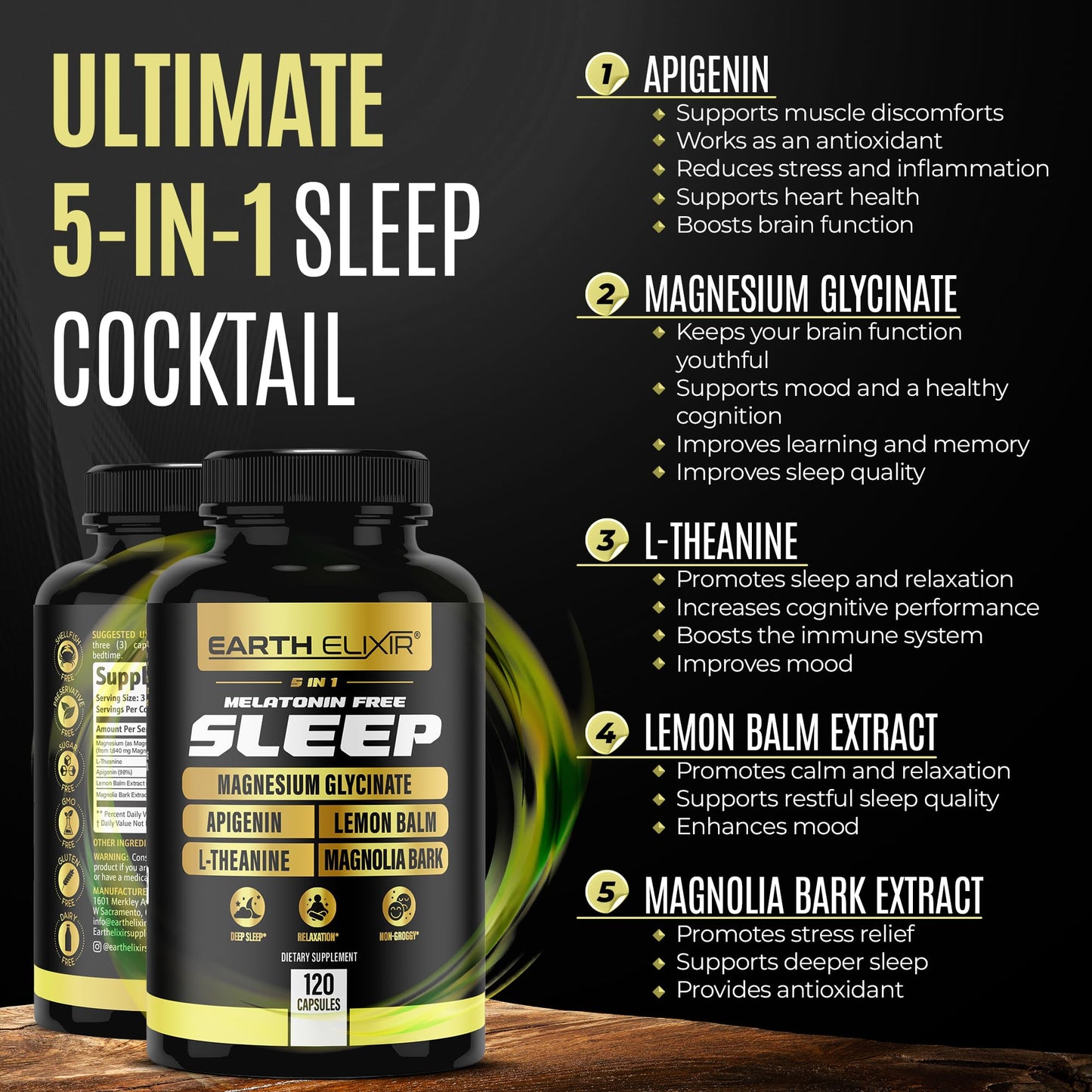 Earth Elixir 5-in-1 Melatonin Free Sleep Aid – Magnesium Glycinate, Apigenin for Sleep, L-Theanine, Lemon Balm, Magnolia Bark Extract Capsules, 120 Count
