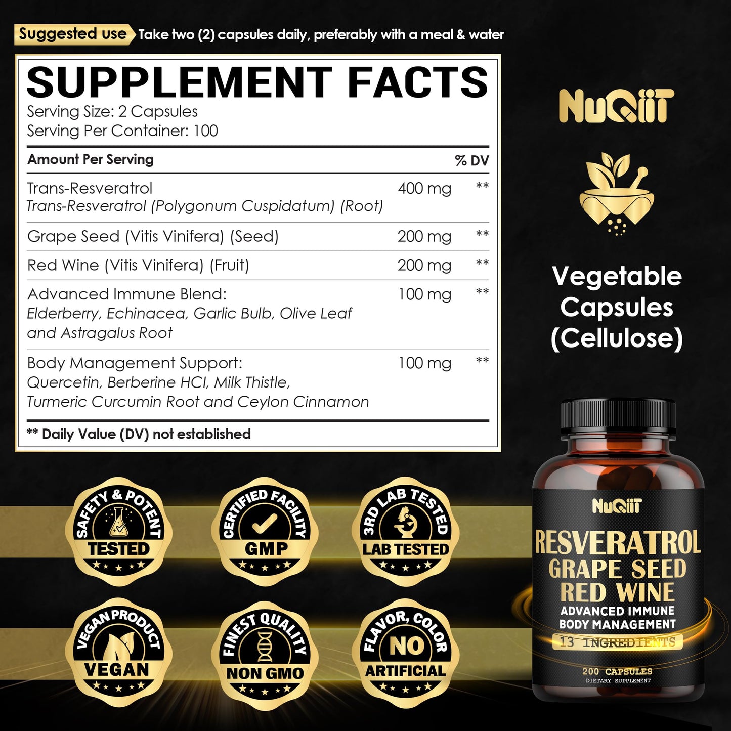 NUQIIT Trans Resveratrol Supplement Capsule, 200 Capsules