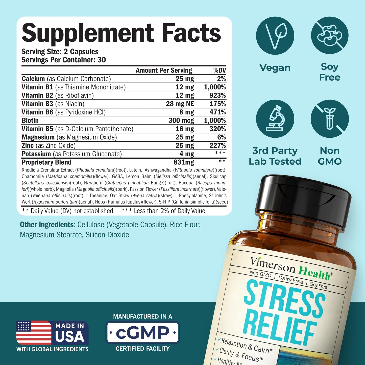 Vimerson Health Stress Relief Supplement with 5-HTP, Ashwagandha, Valerian, St John's Wort, GABA, Chamomile & B-Vitamins Capsules, 60 Count