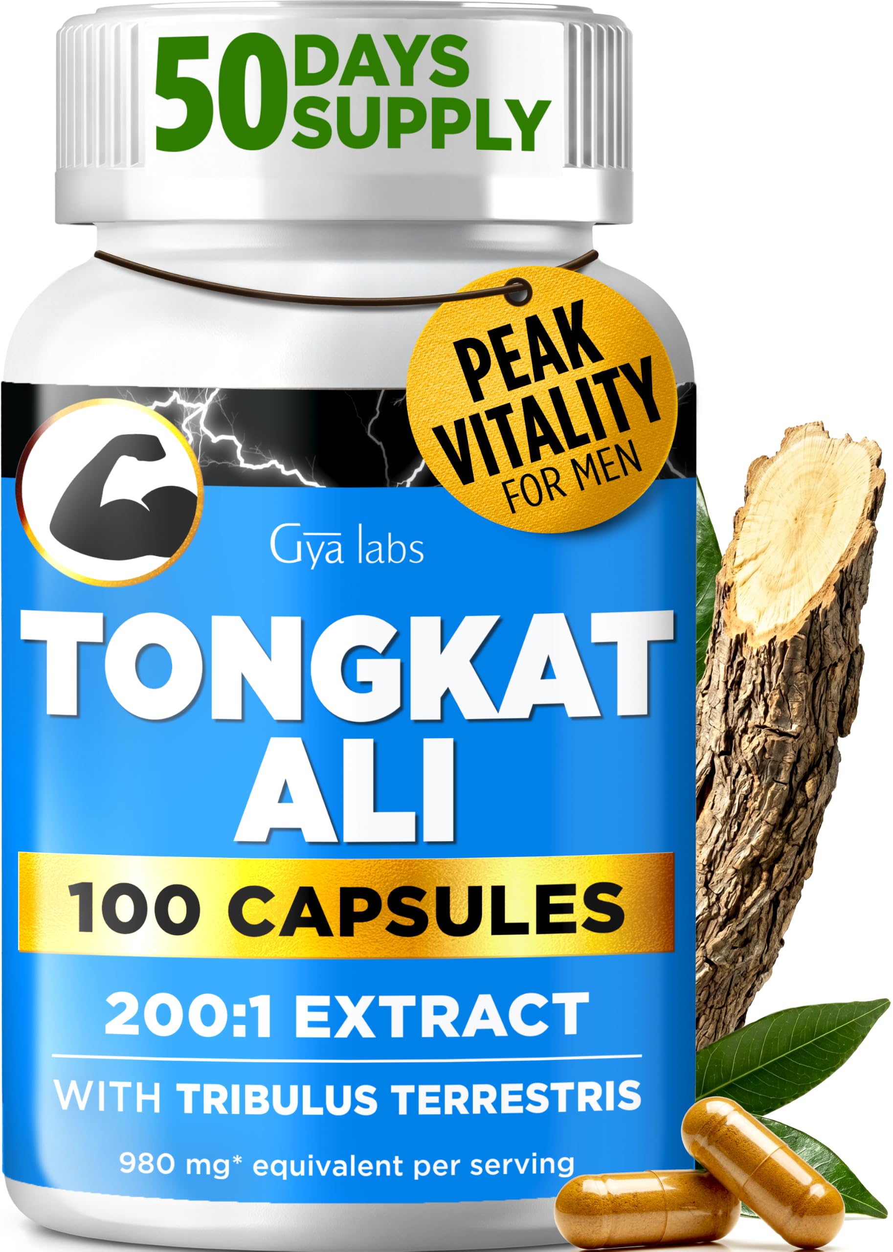 Gya Labs Tongkat Ali Extract for Men 980mg 200:1 Capsule, 100 Count