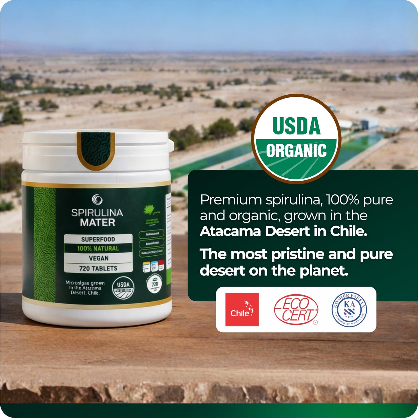 SpirulinaMater USDA Organic Spirulina Tablets, 720 Tablets