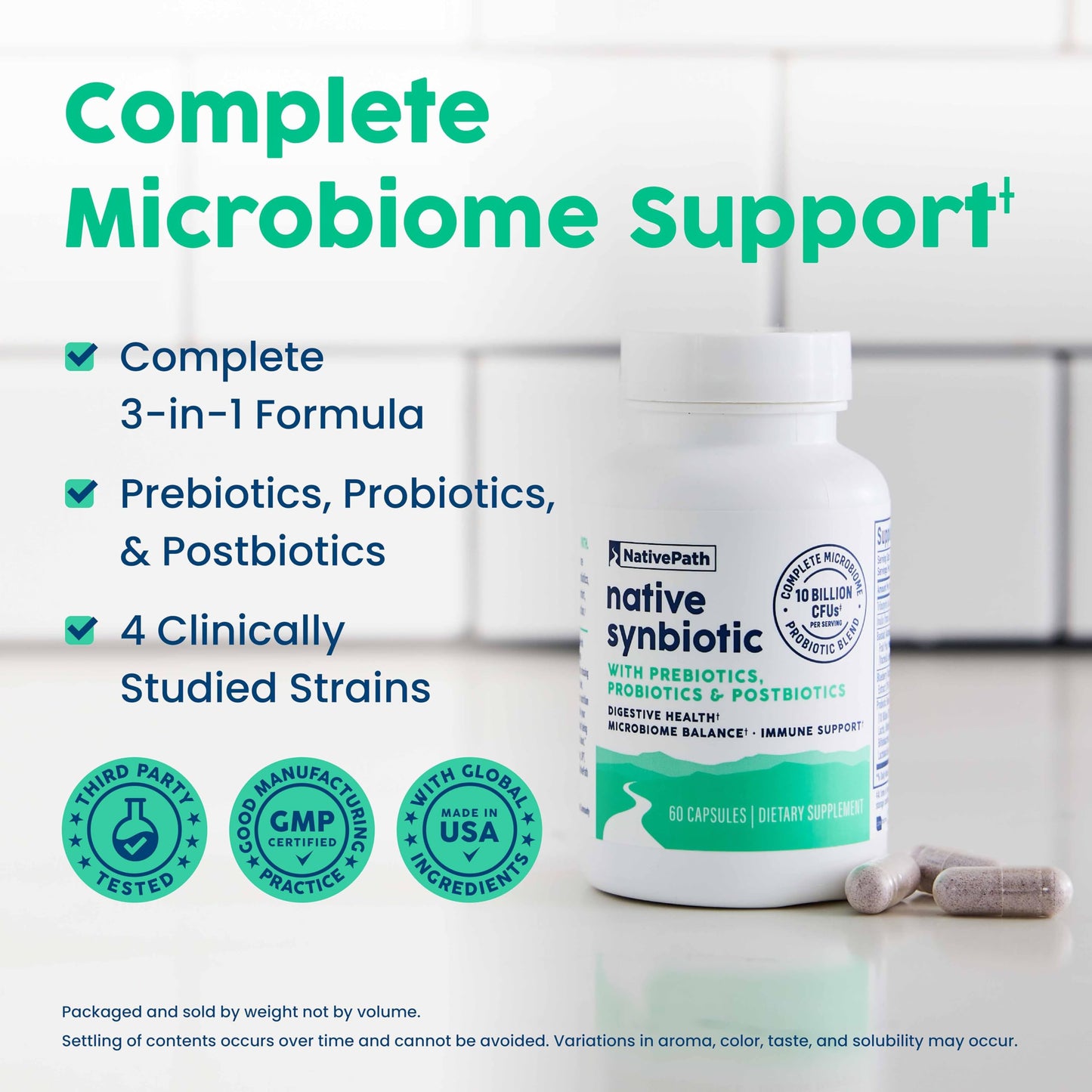 NativePath Complete Synbiotic - Pre, Pro & Postbiotic 3-in-1 for Gut Health & Digestive Support 60 Capsules