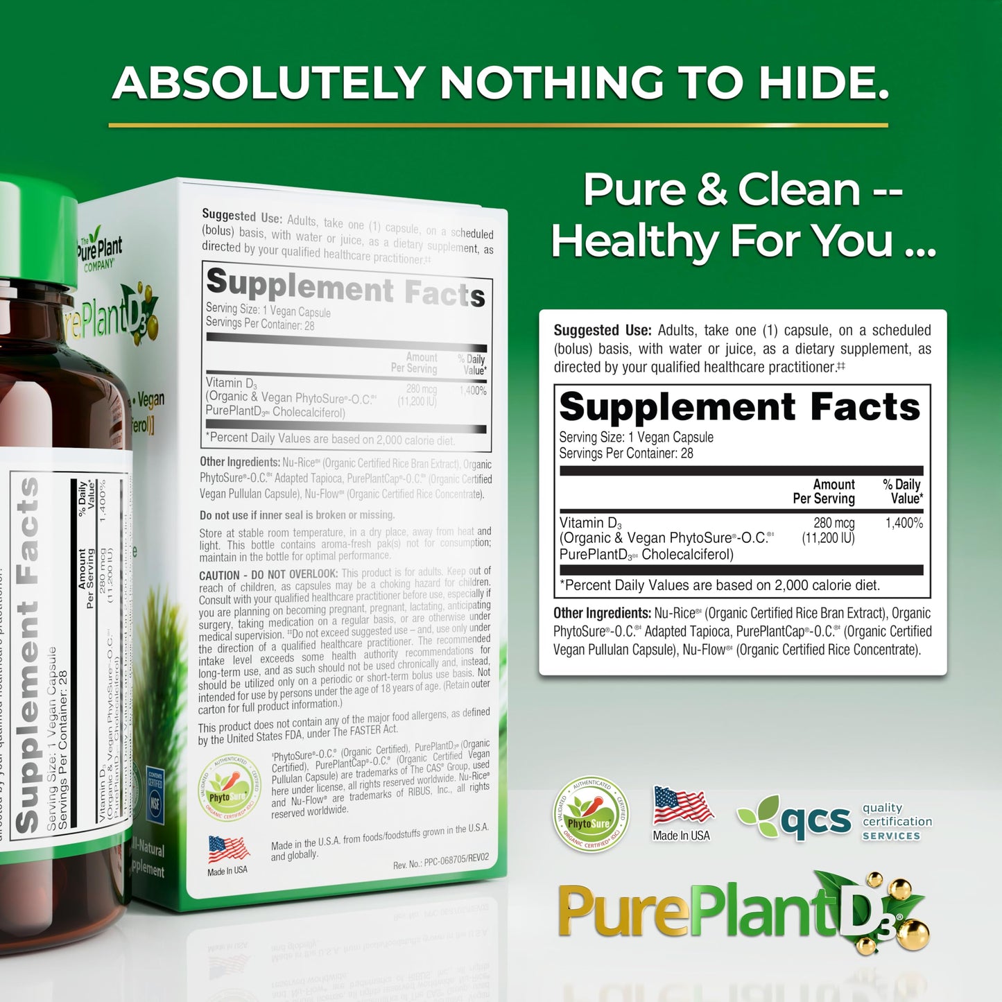 The Pure Plant Company PurePlantD3 Vegan Vitamin D3 11200 IU Organic Plant-Based Capsules 28 Capsules