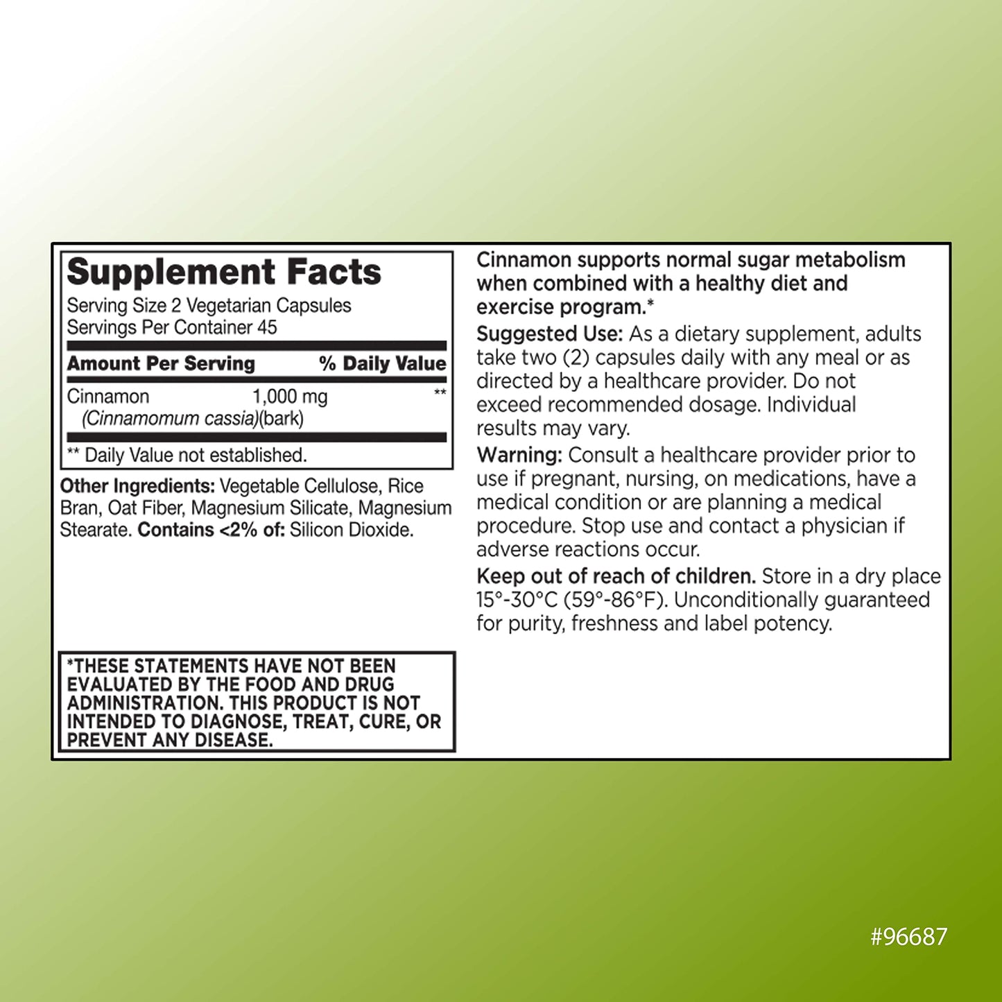 Quality Choice Cinnamon 500 mg Vegetarian Metabolism Support Dietary Supplement Capsule, 450 Count