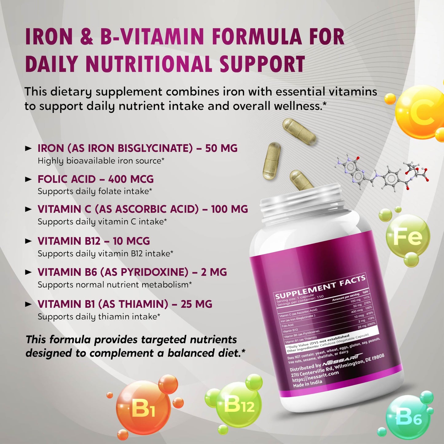NESSARIT Natural Iron High Potency with Vitamin C, Folic Acid - High-Absorption Formula with Vitamin B1, B6, B12 - Capsule, 150 Count