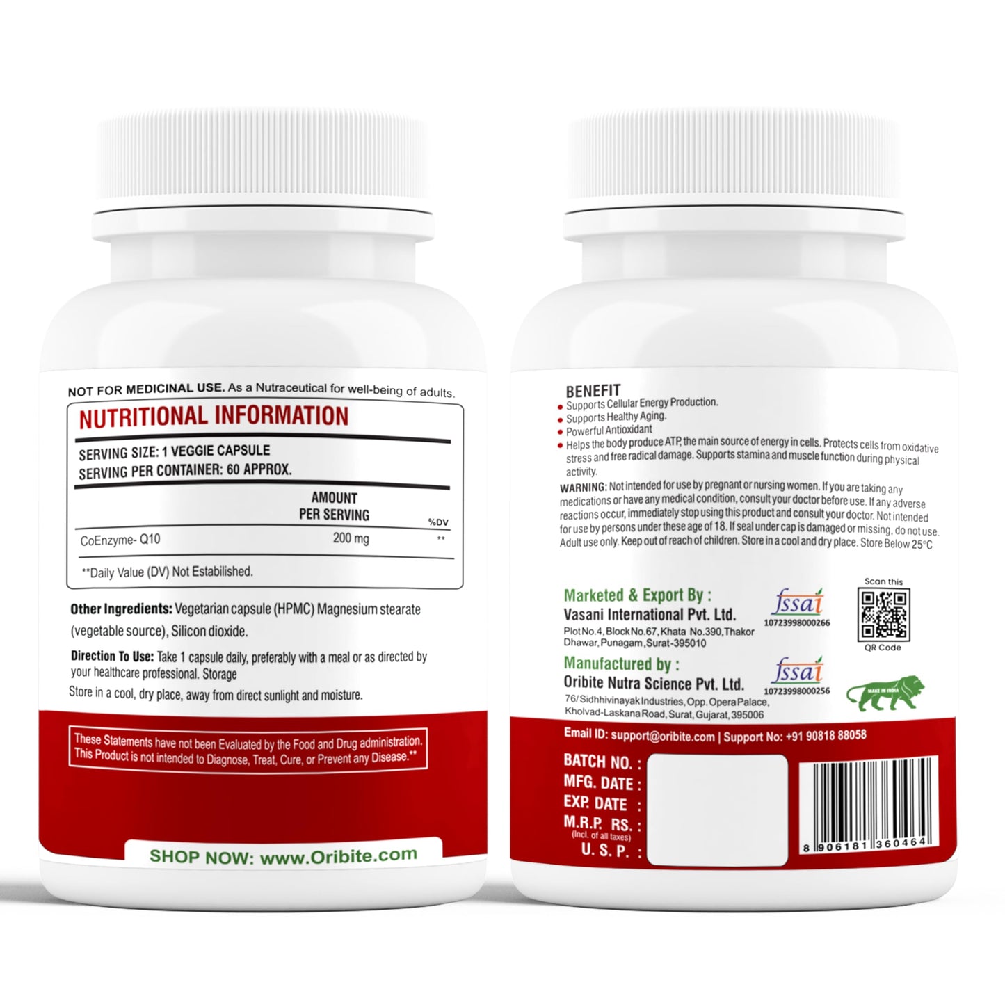 ORIBITE CoQ10 200mg Capsule, 60 Veggie Capsules