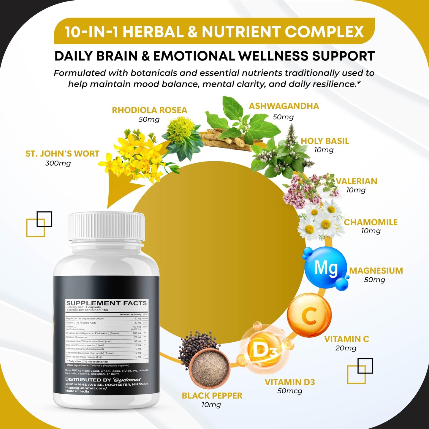 GUDOMET St. John's Wort Rhodiola Rosea Ashwagandha Holy Basil Valerian Chamomile Black Pepper 150 Capsules