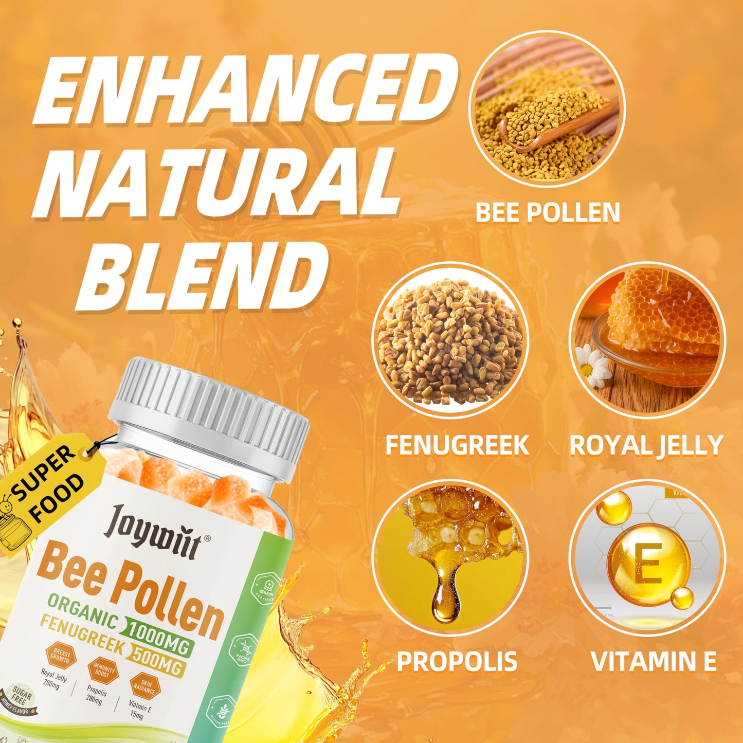 Joywiit Bee Pollen 1000mg Sugar Free Gummies for Women, 60 Count
