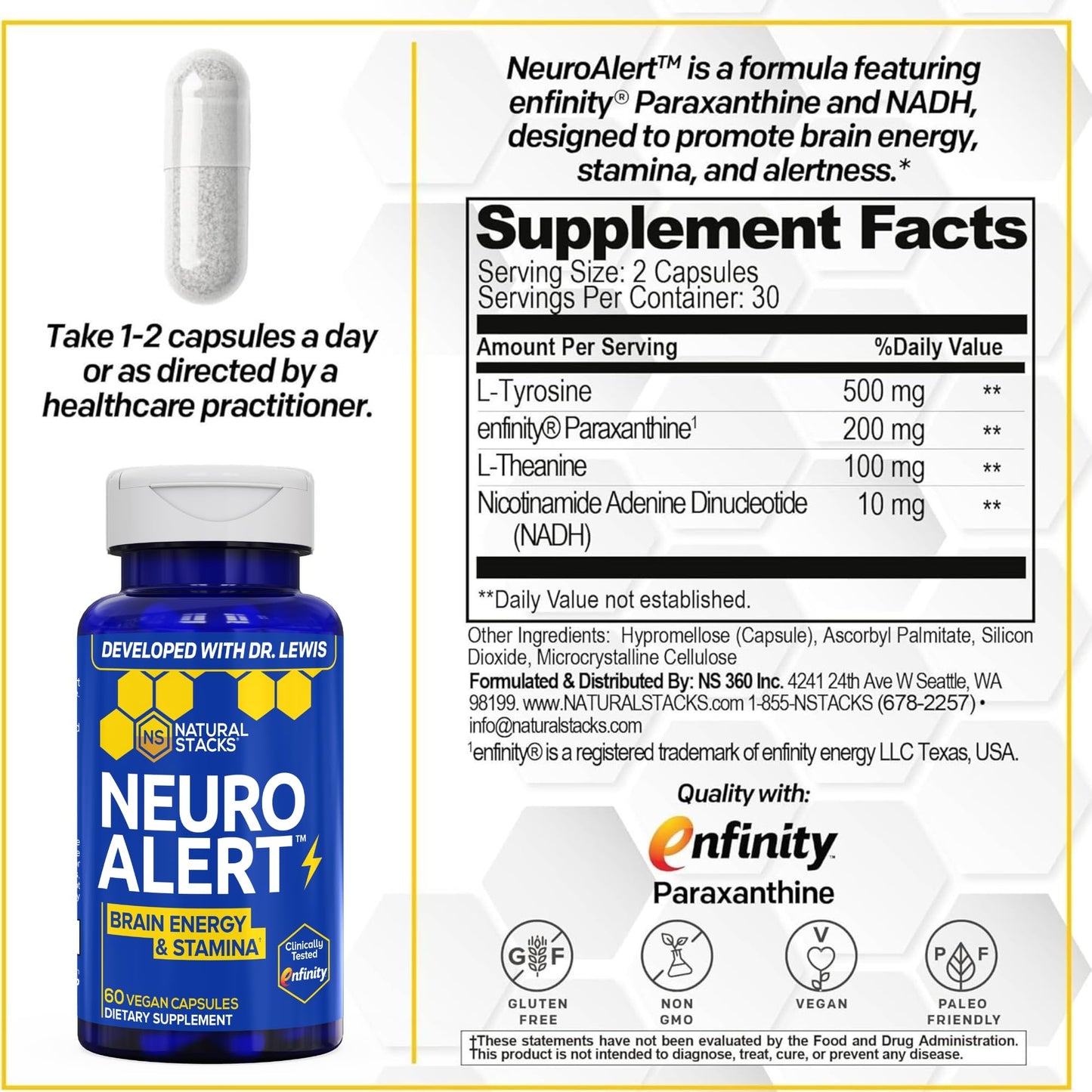 Natural Stacks NeuroAlert Paraxanthine 200mg Caffeine Free Energy Supplement 60 Capsules