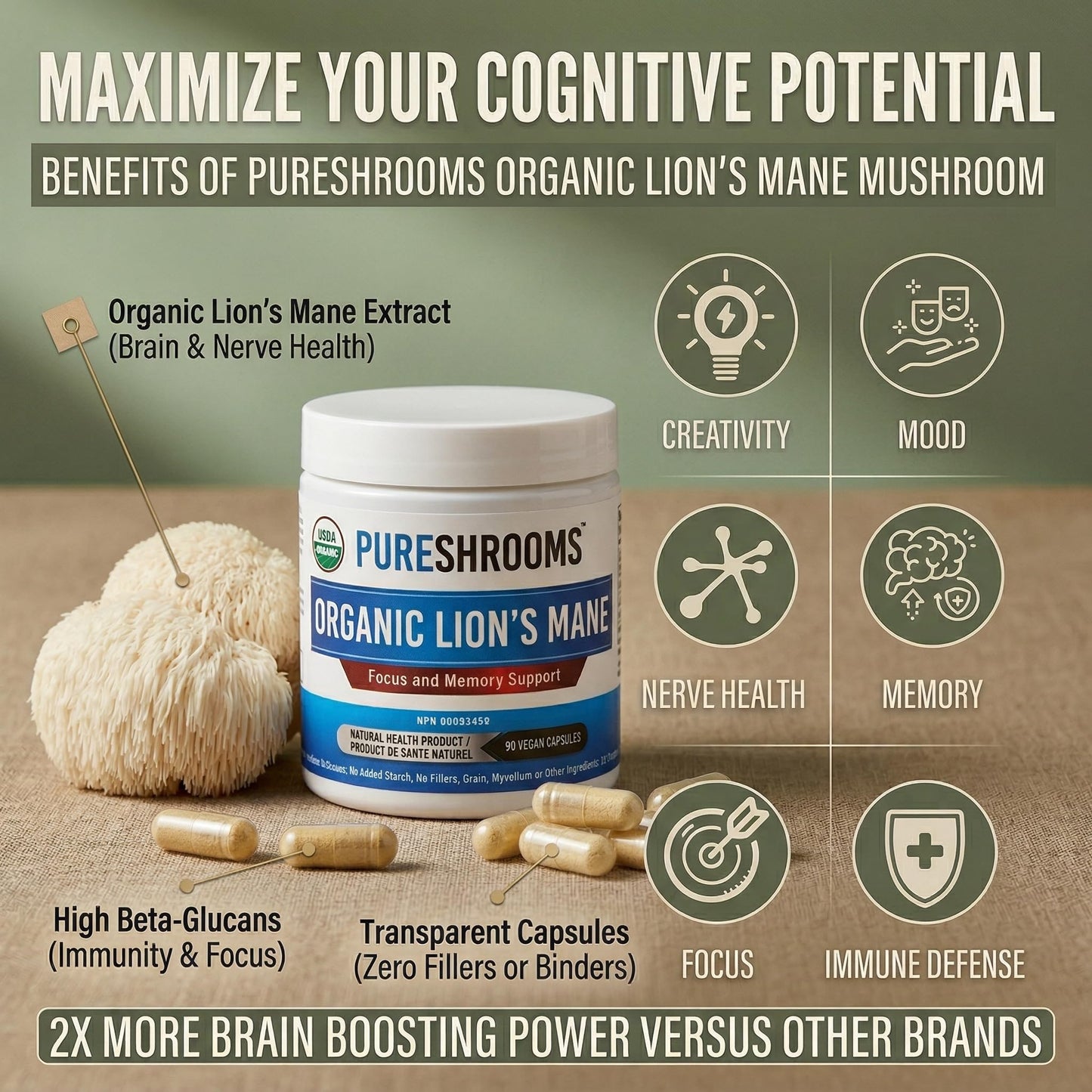 PureShrooms Organic Lion's Mane Mushrooms, 120 Capsules